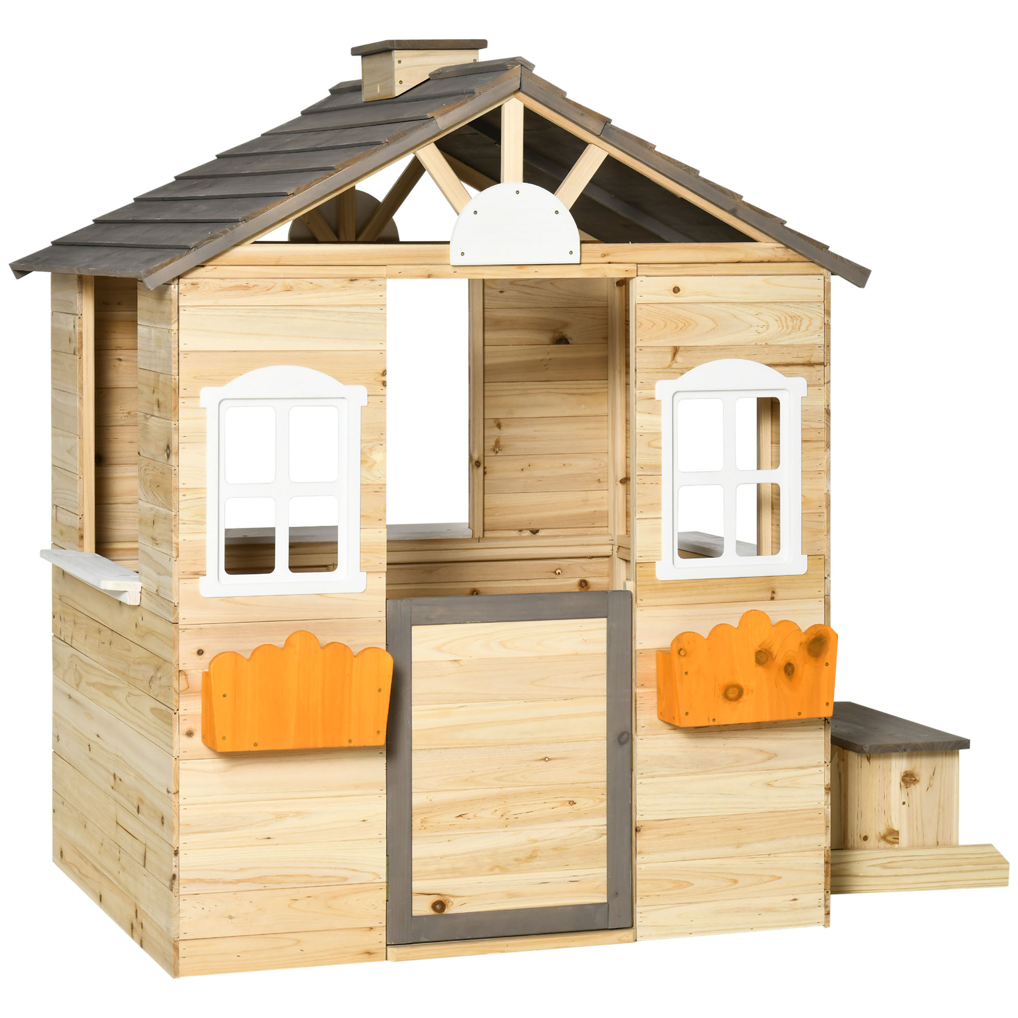 Outsunny speelhuis voor kinderen, houten kinderspeelhuis met raam, brievenbus, buitentuin speelhuis met bloempottenrek, houten speelhuis voor 3-7 jaar, dennenhout, naturel, 113 x 94 x 134,5 cm