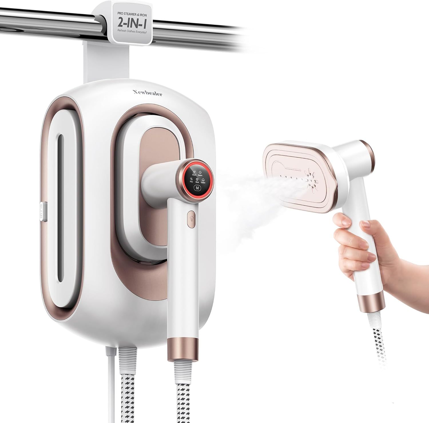 Newbealer 2-in-1 Professional Steam Station Iron, 1550W Turbocharged Technology, 3-Level Steam Control, Rapid 30s Heat-Up, Removable 1.2L Tank, Auto Shut-Off, Self-Cleaning Feature, Innovative Home Storage