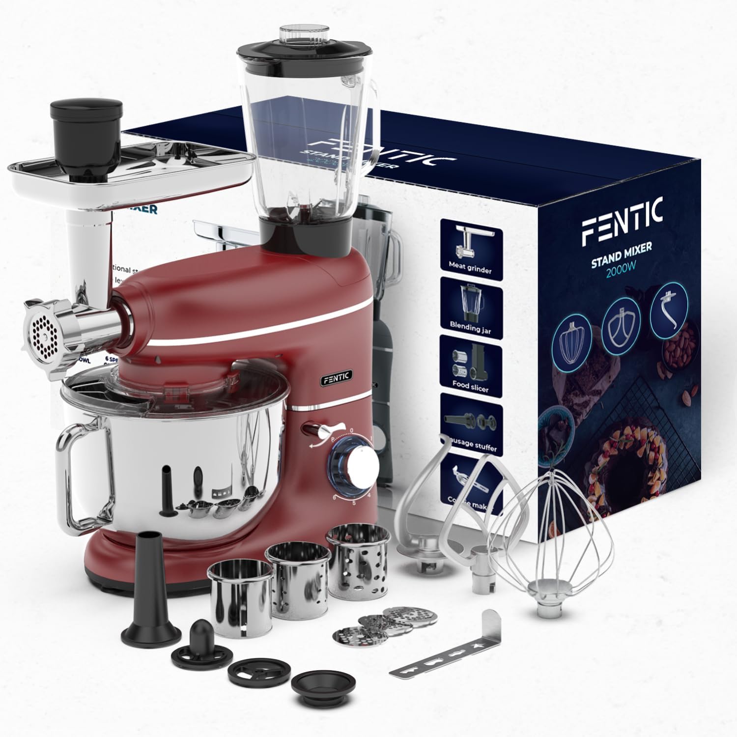 Fentic 6-in-1 Küchenmaschine – 2000W – Mit Fleischwolf, 1,5L Entsafter, Gemüseschneider und Mehr – Knetmaschine mit 6,2L Rührschüssel, Rührhaken, Knethaken, Schlagbesen und Spritzschutz (Schwarz)
