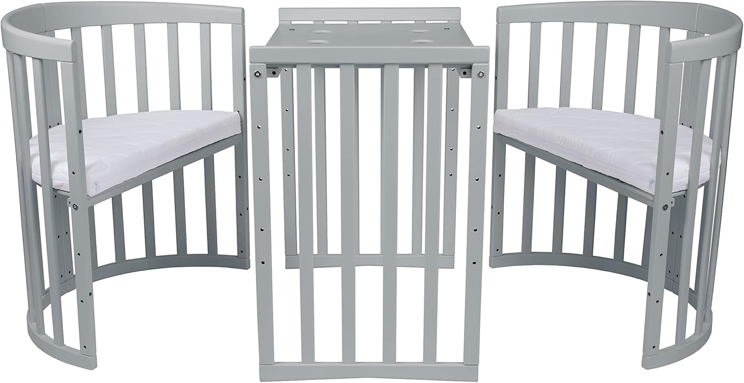 Waldin Oval Baby-Bett Mitwachsend Komplett Set 7in1, Gitterbett, Kinderbett mit Matratze, Wickelkommode, Beistellbett, Holz Weiß