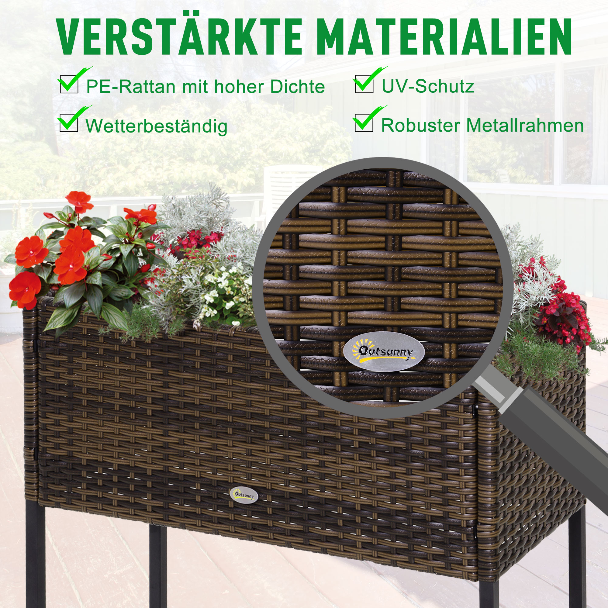 Outsunny Poly rotan bloembak met verhoogd bed en poten Bloempot met plank bruin 70 x 30 x 72 cm