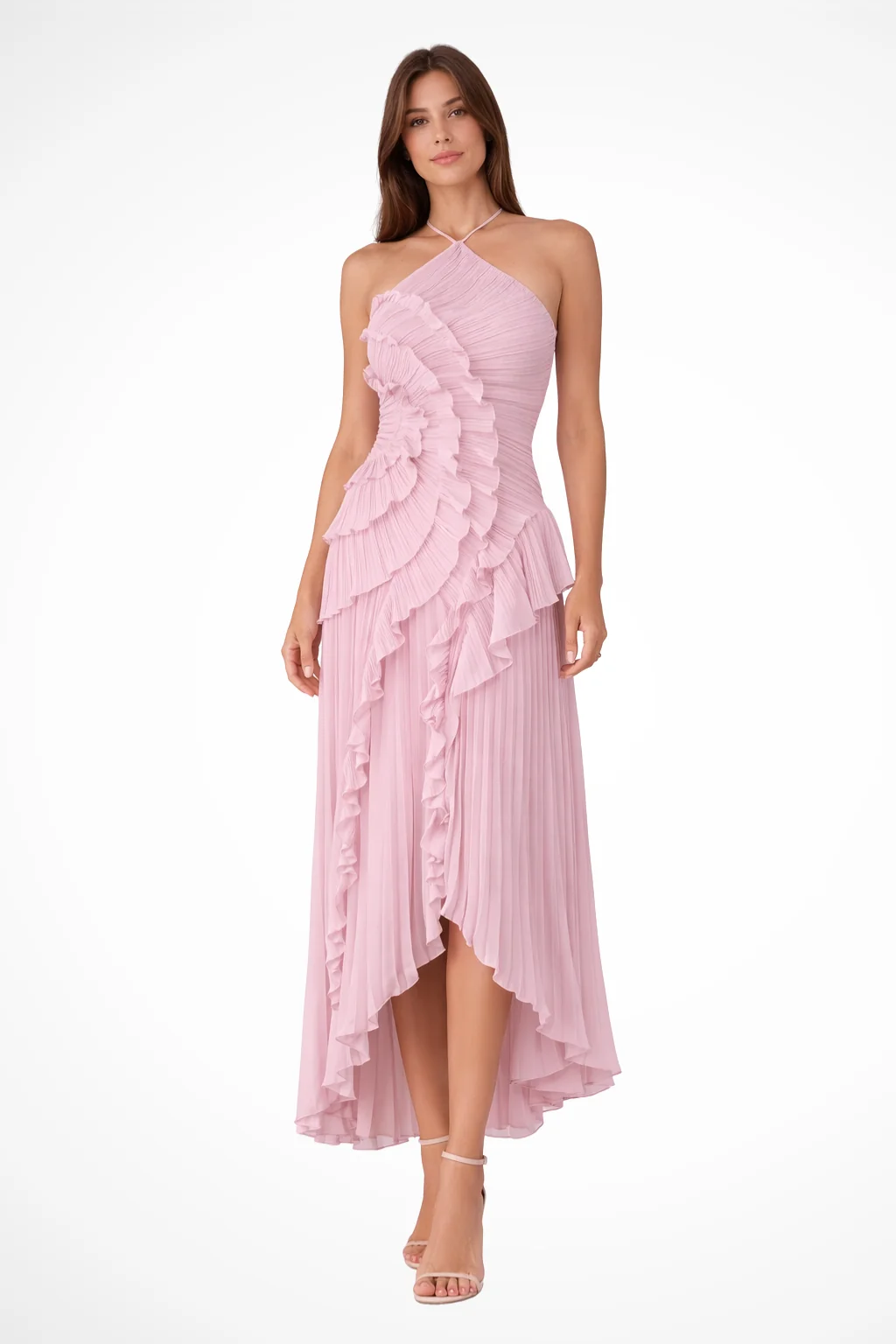Damen Halterneck Maxikleid mit Volants | R��ckenfreies Sommerkleid f��r Hochzeitsg?ste | Luftiges Kleid mit asymmetrischem Saum