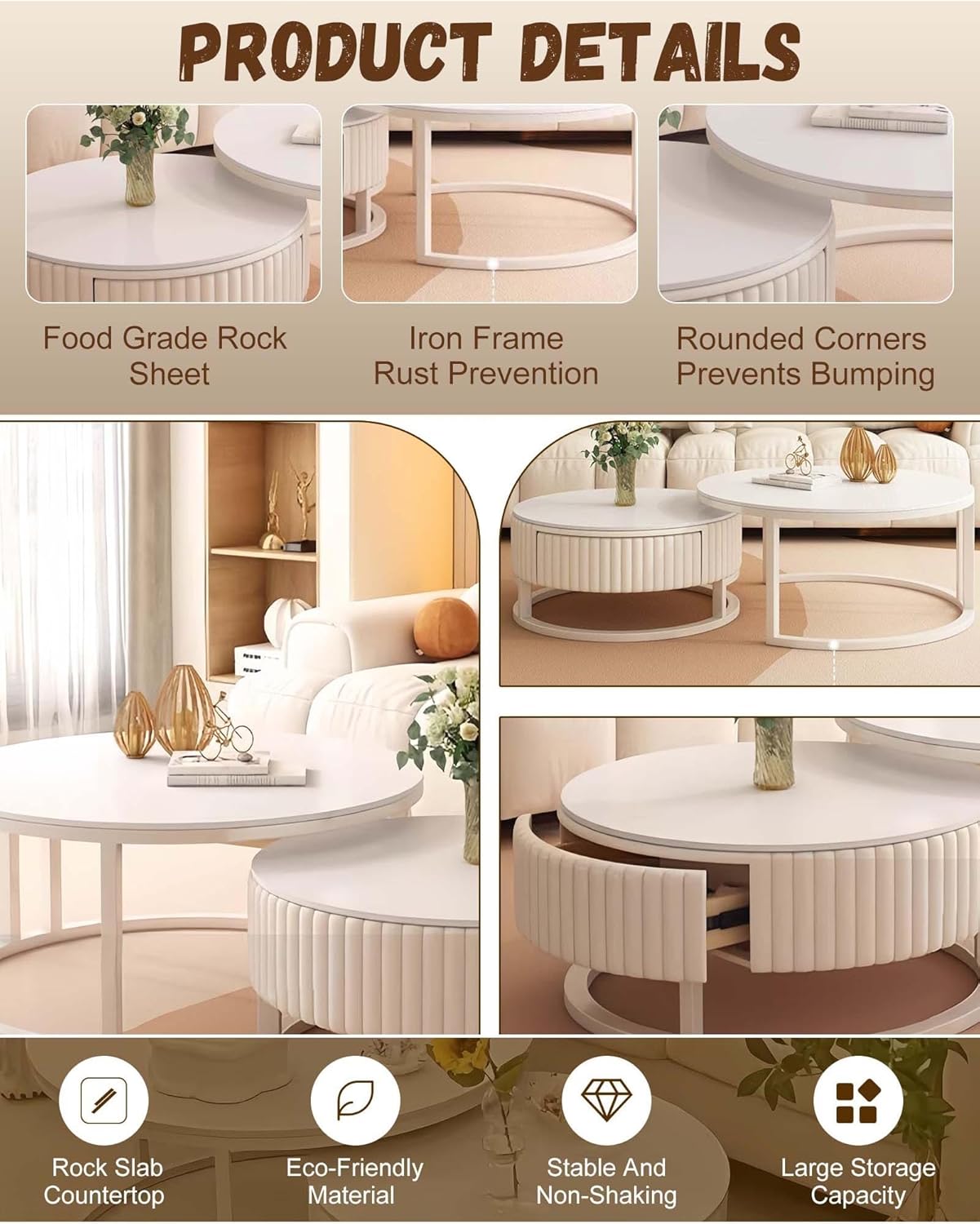2er Set Runder Couchtisch Weiss 50+70cm Coffee Table Nested Beistelltisch Wohnzimmertisch Kaffeetisch Satztische Für Wohnzimmer, Balkon Und Büro, Metallgestell