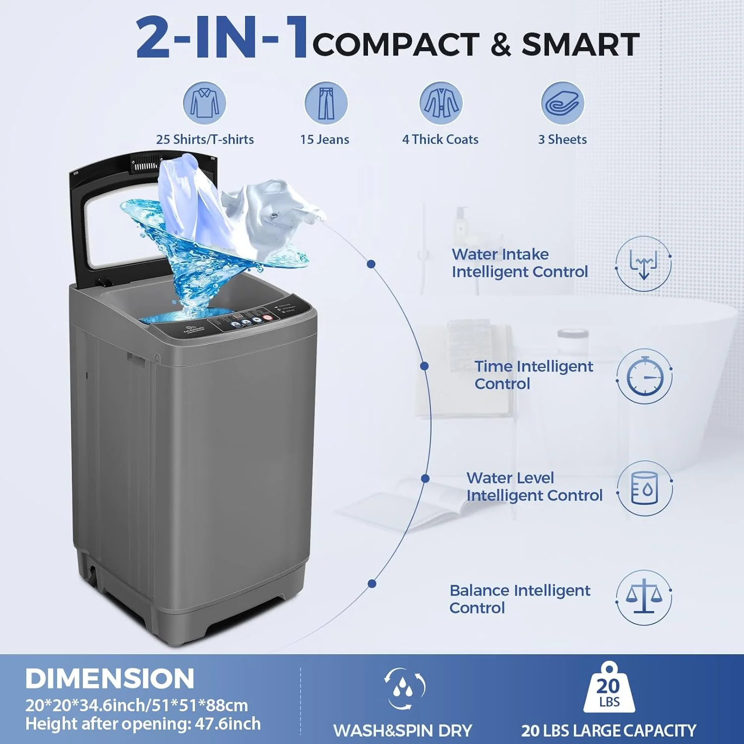 Nictemaw Portable Washing Machine. 20Lbs Capacity Full-Automatic Portable Washer Machine. 2.8Cu.ft Washer and Dryer Combo with Drain Pump. 10 Programs & 8 Water Levels for Apartment. Dorms. RV