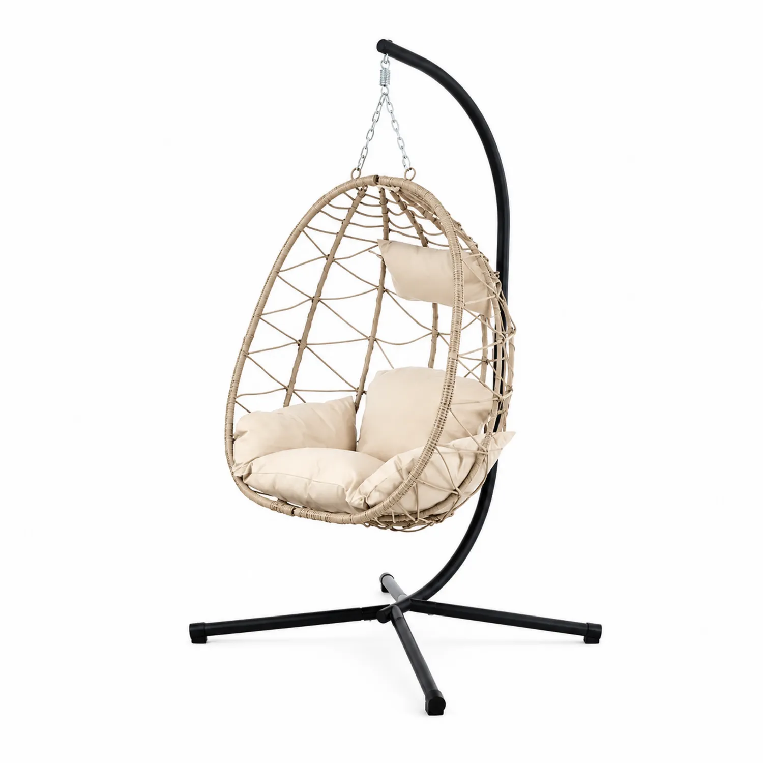 Rattan Hängesessel mit Stahlrahmen und Kissen Beige