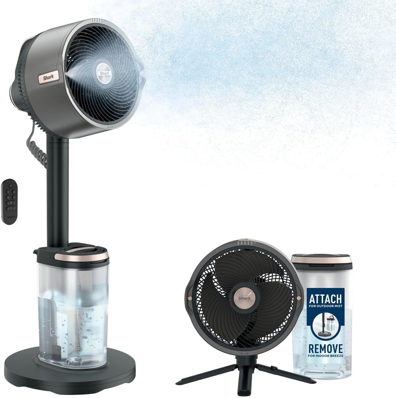 Shark FlexBreeze Pro Mist Akku-Ventilator für innen und außen mit Sprühsystem, tragbarer Sprühtank, 20 m, Stand- & Tischventilator, 5 Geschwindigkeitsstufen, leise, Fernbedienung, Anthrazit FA300EU
