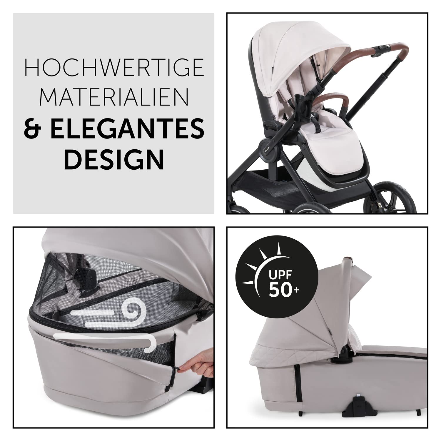 hauck 2in1 Kinderwagen mit Gummireifen Walk N Care Set ab Geburt bis 22 kg + 3 kg Korb, Wanne mit Memory-Knöpfen, Sitz mit Liegefunktion Wendbar Höhenverstellbar, Teleskopgriff, UPF 50+ (Beige)
