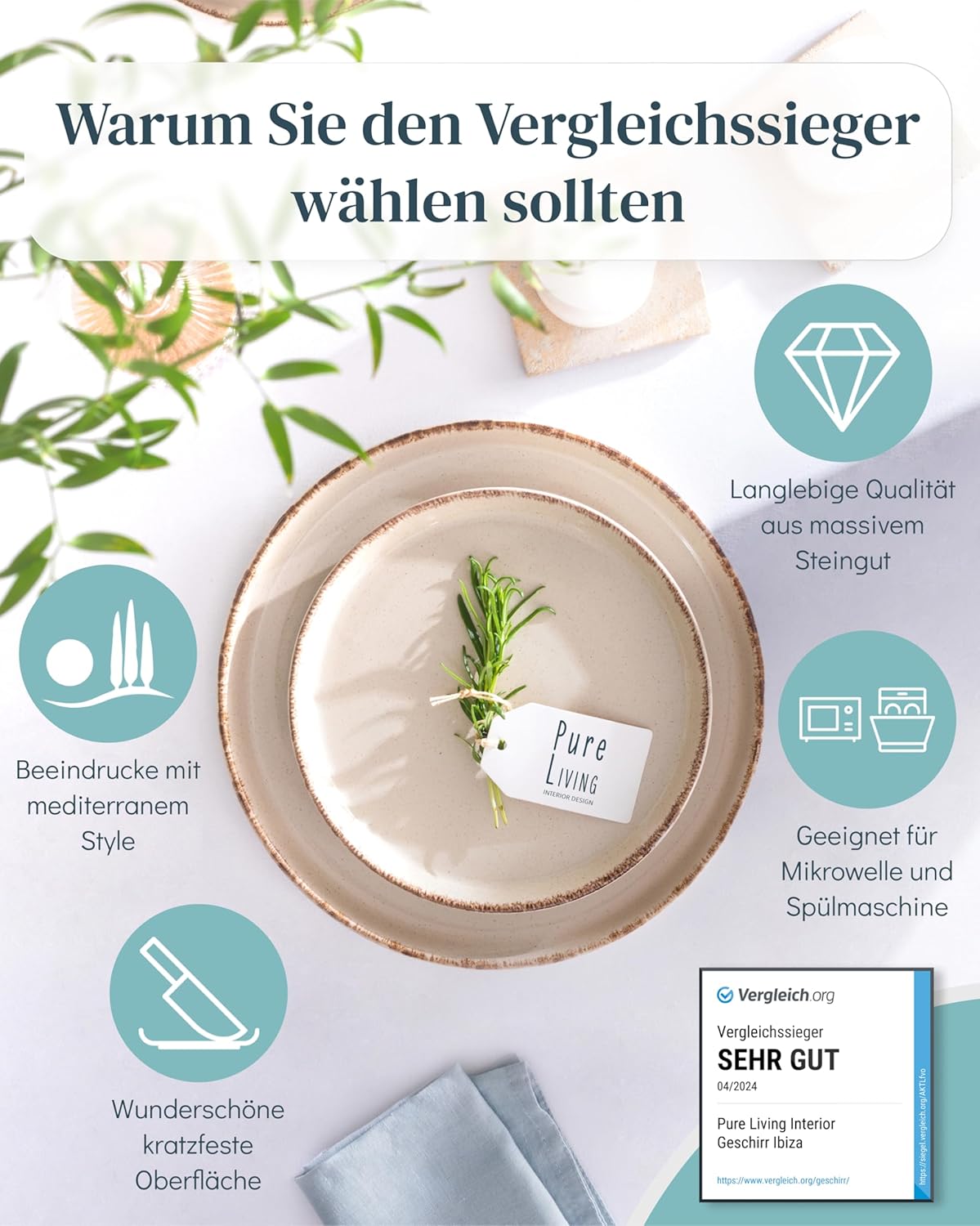 Steingut Geschirrset 12 Personen Rustic 48 tlg. TESTSIEGER, Hochwertiges Landhaussttil Steingut Geschirr Set, Schüssel- und Teller Set, Tafelservice 12 Personen, Geschirrsets Pure Living in Beige