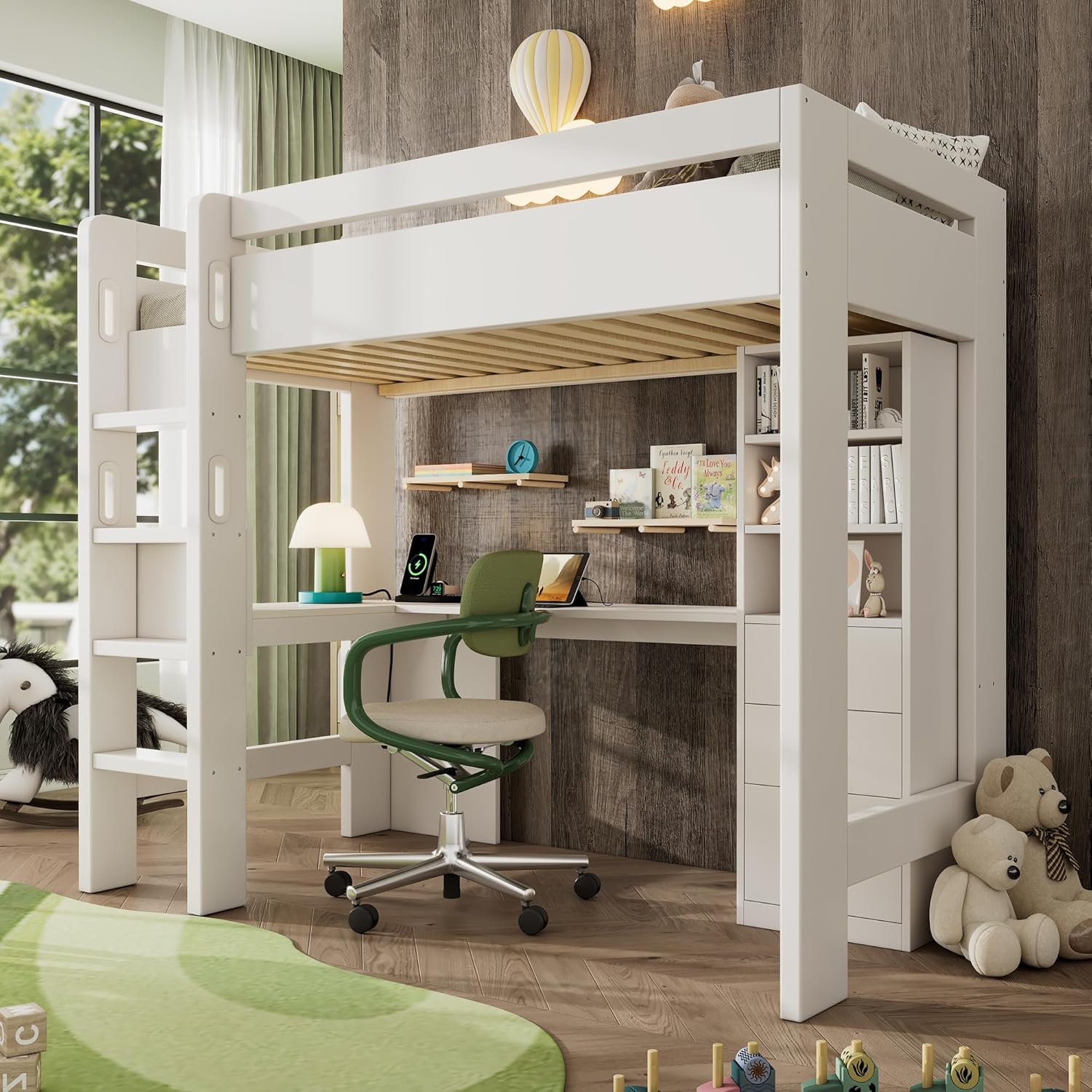 Hochbett Kinderbett 90×200 cm mit Schreibtisch und USB-C, Bett mit Regal und Schubladen Stauraum, Etagenbett mit Leiter, Holzbett mit Rausfallschutz und Lattenrost aus Holz, Weiß, Ohne Matratze