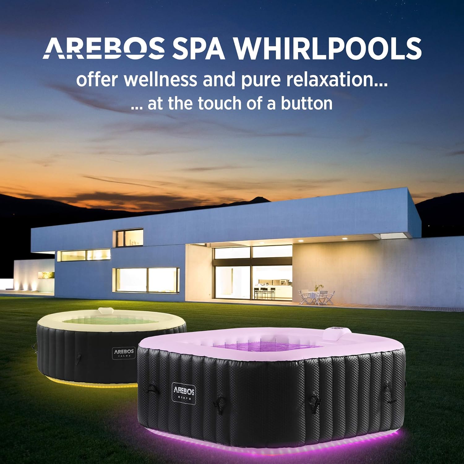 Arebos Whirlpool | 154 x 154 cm | mit LED-Beleuchtung | aufblasbar | quadratisch | In- & Outdoor | 4 Personen | 100 Massagedüsen | mit Heizung | 600 L | Inkl. Abdeckung | Bubble Spa & Wellness Massage