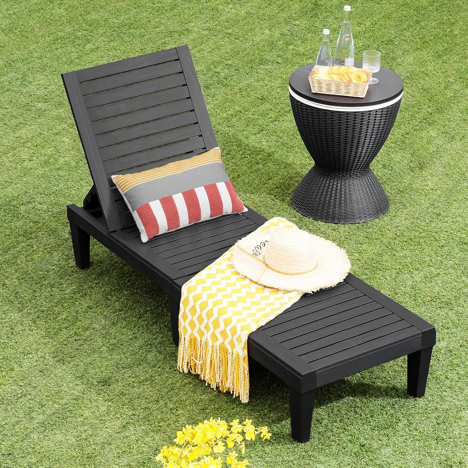 COSTWAY 2er Set Sonnenliege Kunststoff wetterfest, Gartenliege mit Verstellbarer Rückenlehne, Balkonliege, Terrassenliege Holzoptik, Liegestuhl bis 180 kg belastbar für Garten, Terrasse, Schwarz
