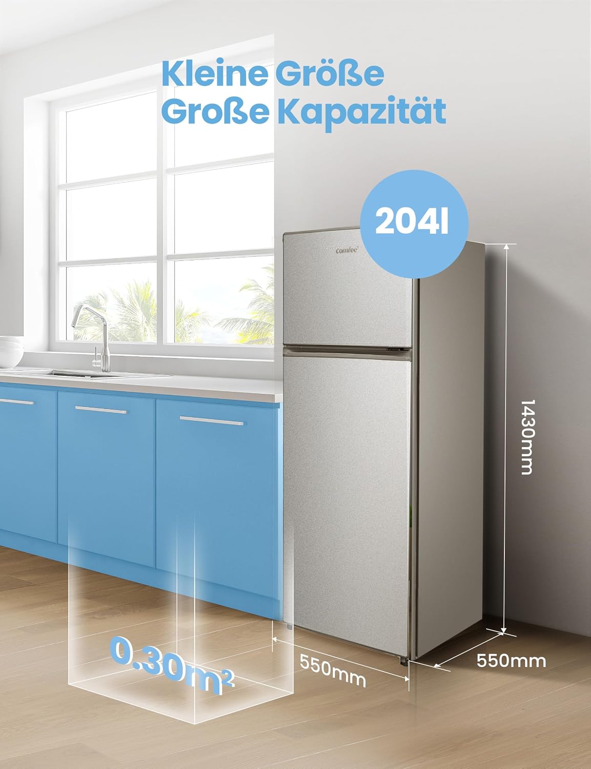 Comfee RCT284DS2 Kühl-/Gefrierkombination/Gefrierteil oben/176 kWh/Jahr/143cm Höhe/LED Licht/Reversibles Türscharnier/Silber