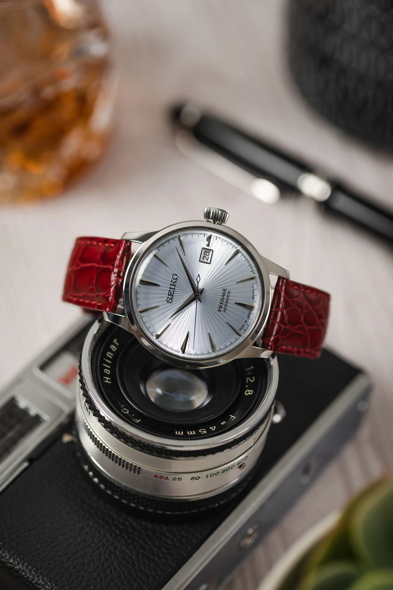 Hirsch CROCOGRAIN Crocodile Embossed Leather Watch Strap in BURGUNDY