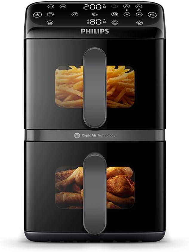 Airfryer 4000 Series Stacked Dual Basket, Gestapelte Heißluftfritteuse mit 2 Körben, 10L, RapidAir Technologie, 45% weniger Platzbedarf, PFAS-freie Keramikbeschichtung, Sichtfenster (NA460/00)