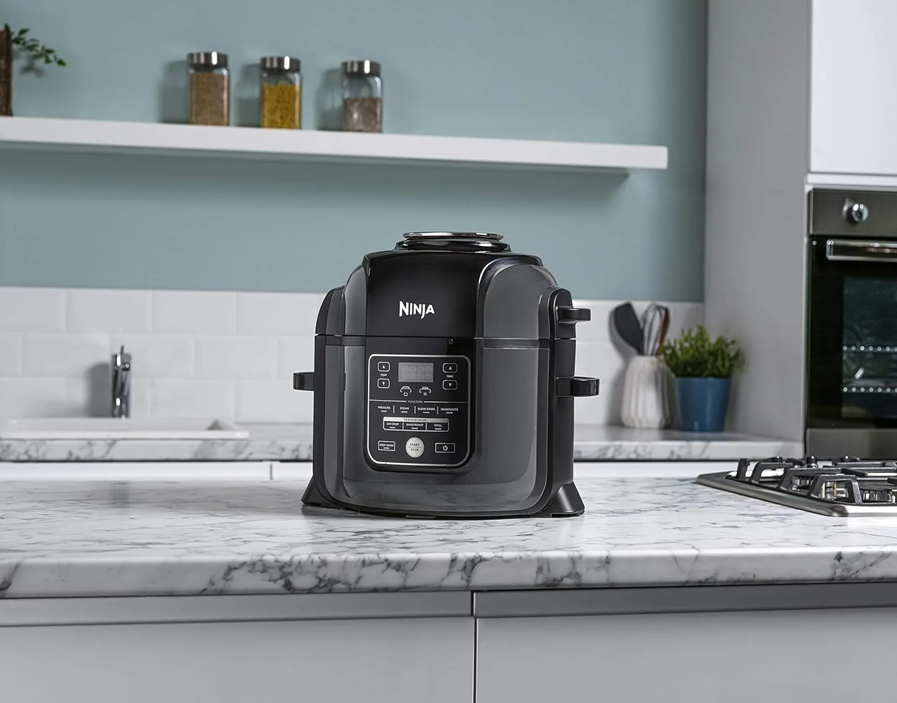 2025 Ninja Foodi Multikookpan OP350UK, 9-in-1, 6 L, elektrische snelkookpan en airfryer, geborsteld staal en zwart