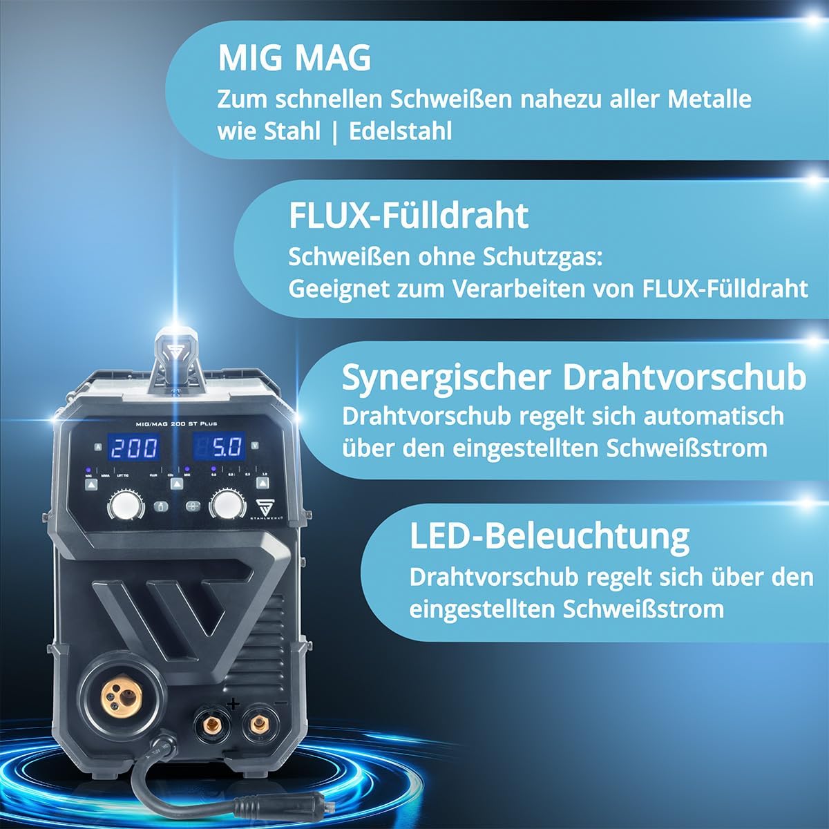 STAHLWERK Schweißgerät MIG/MAG 200 ST – Vollausstattung – IGBT Inverter mit 200 A, Schutzgasgerät mit synergischem Drahtvorschub, FLUX/Fülldraht geeignet, Lift-TIG und MMA/E-Hand (ARC) funktionsfähig