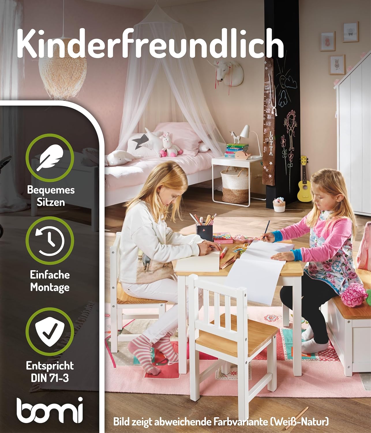 Bomi Kindersitzgruppe Anna mit integrierter Spielzeugkiste | Kinderzimmer-Set inkl. Kindertisch mit 2 Stühlen & Kindertruhenbank | Kindermöbel aus FSC nachhaltigem Kiefern Massiv Holz | Weiß Grau
