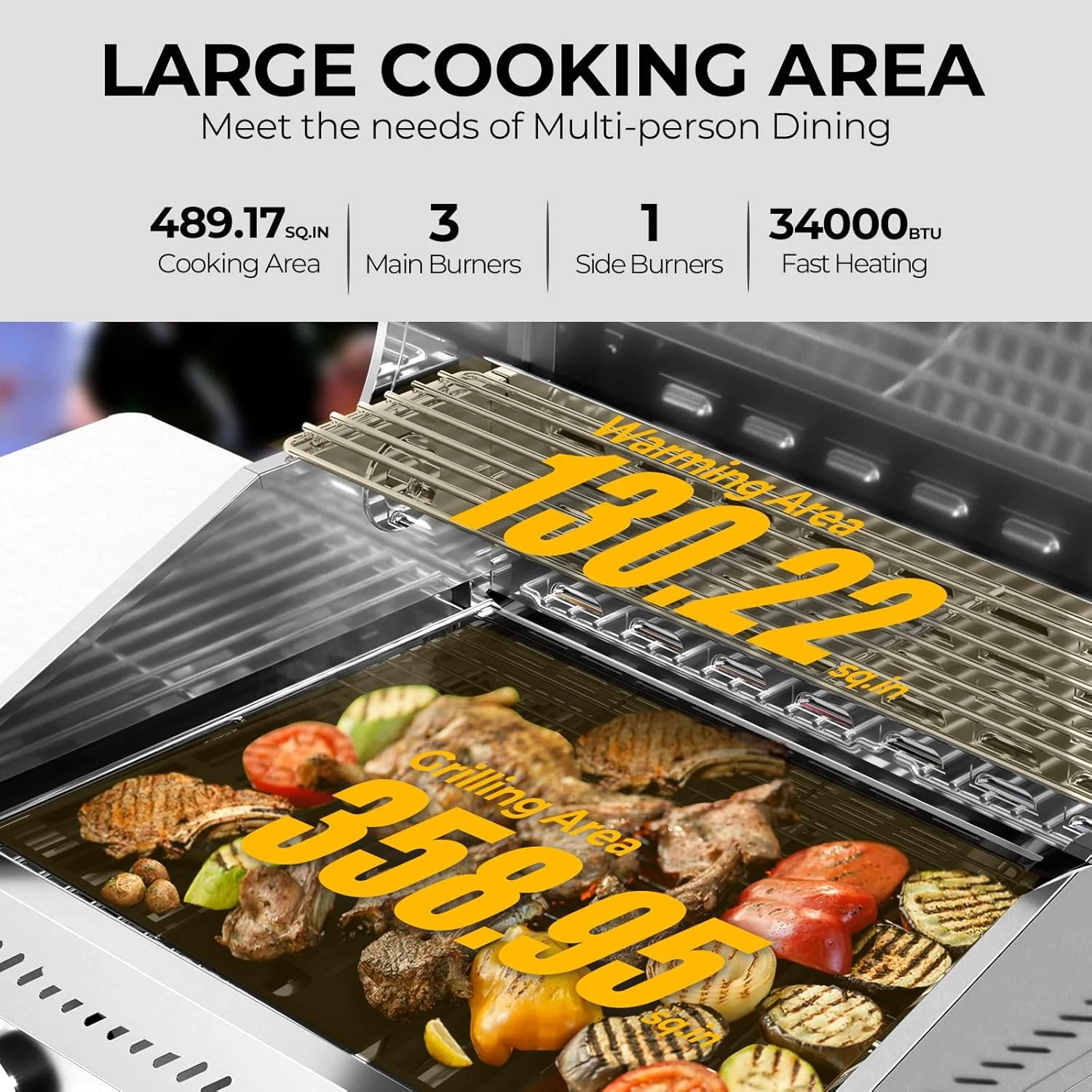 34,000 BTU 3-Burner Propane Gas Grill with Side Burner, All Stainless Steel BBQ Grill