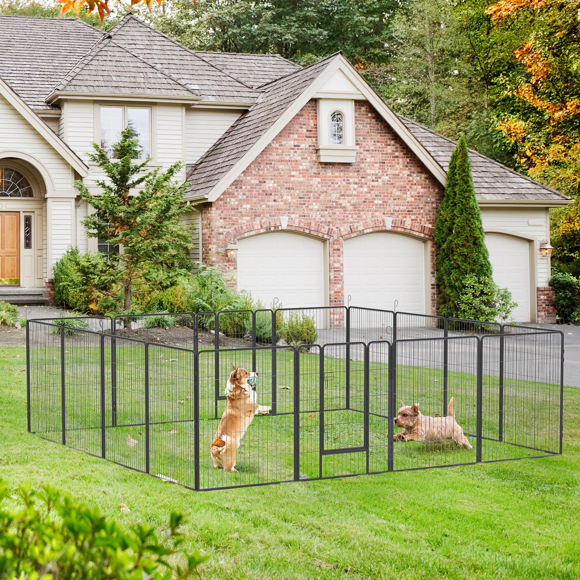PawHut Puppy Run modulair ontwerp 16 panelen 2 deuren weerbestendig staal 3,2 x 3,2 x 1 m grijs