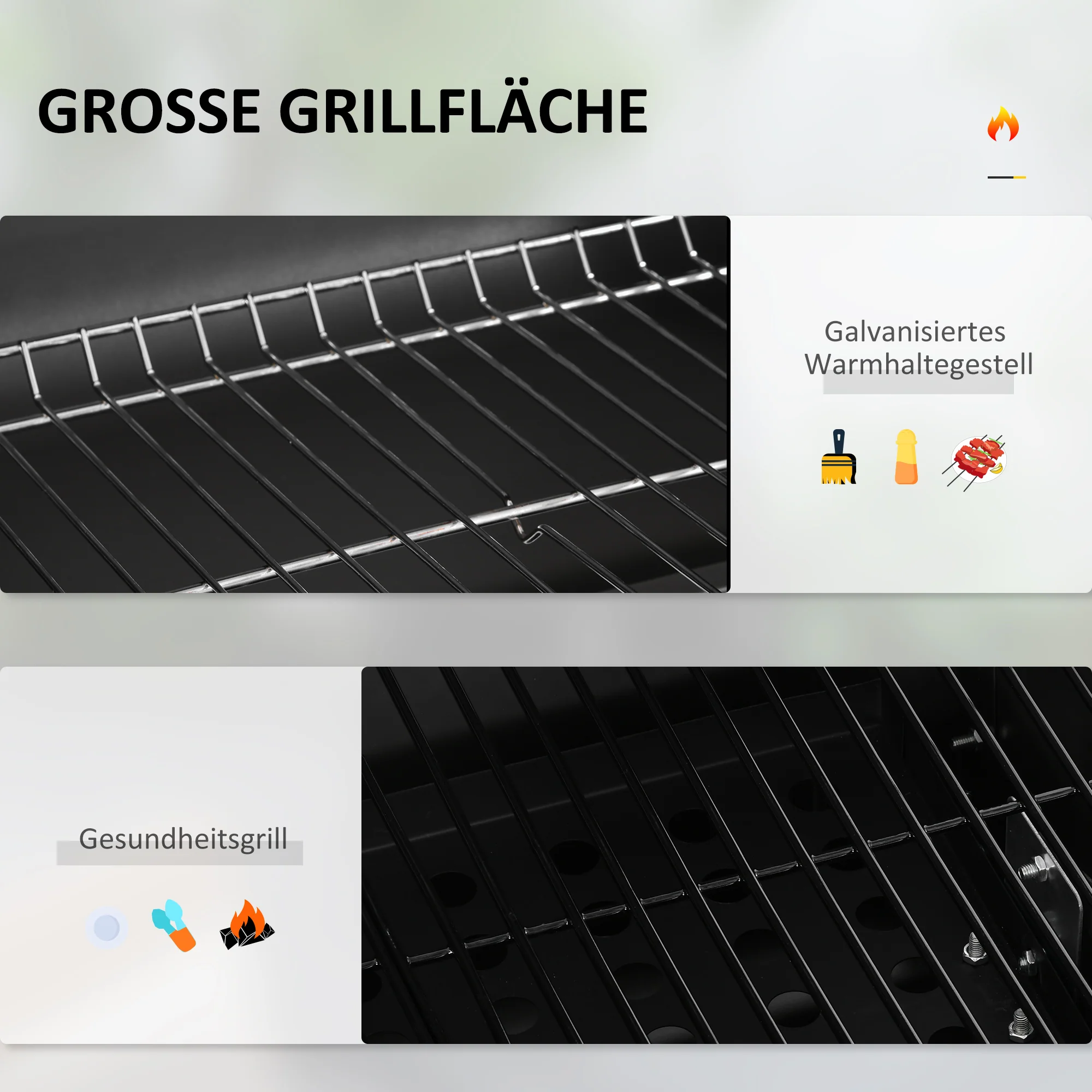 Outsunny Houtskoolbarbecue Smoker BBQ-Smoker, 1 Opbergruimte, 1 Handdoekhouder, 2 Grillroosters, 113 cm x 65 cm x 108 cm, Zwart