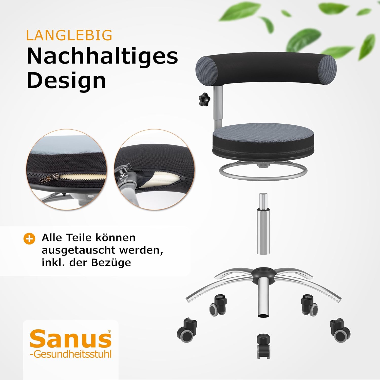 Sanus®-Gesundheitsstuhl | Rollhocker mit 360° Lehne, höhenverstellbarer Lehne, Sitzhöhe (42-51 cm), Stoffbezug grau/schwarz, Rollstopp-Rollen. Ergonomischer Bürostuhl, Erzieherstuhl