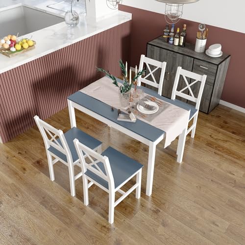 Mondeer Tavolo e Sedie Cucina, Set da Pranzo con Tavolo e 4 Sedie di Pino per le Cucina Sala da Pranzo, 108 x 65 x 73 cm, blu : Casa e cucina