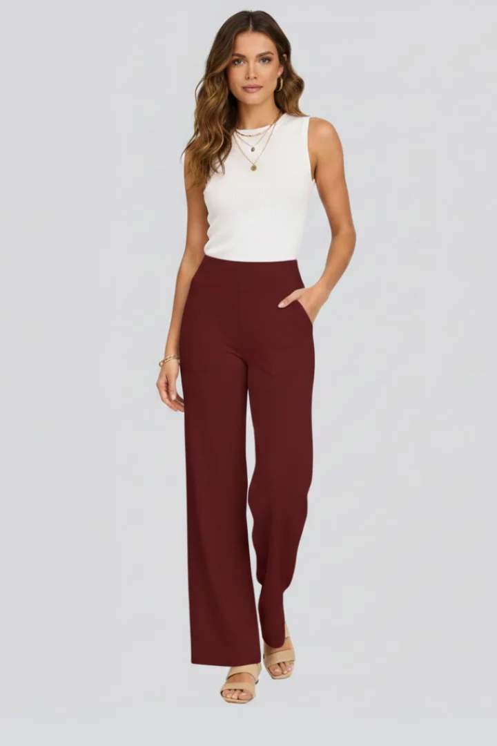Damen Hose mit weitem Bein und hohem Bund | Bequeme High Waist Stoffhose mit Gummizug | Gerade geschnittene Schlupfhose