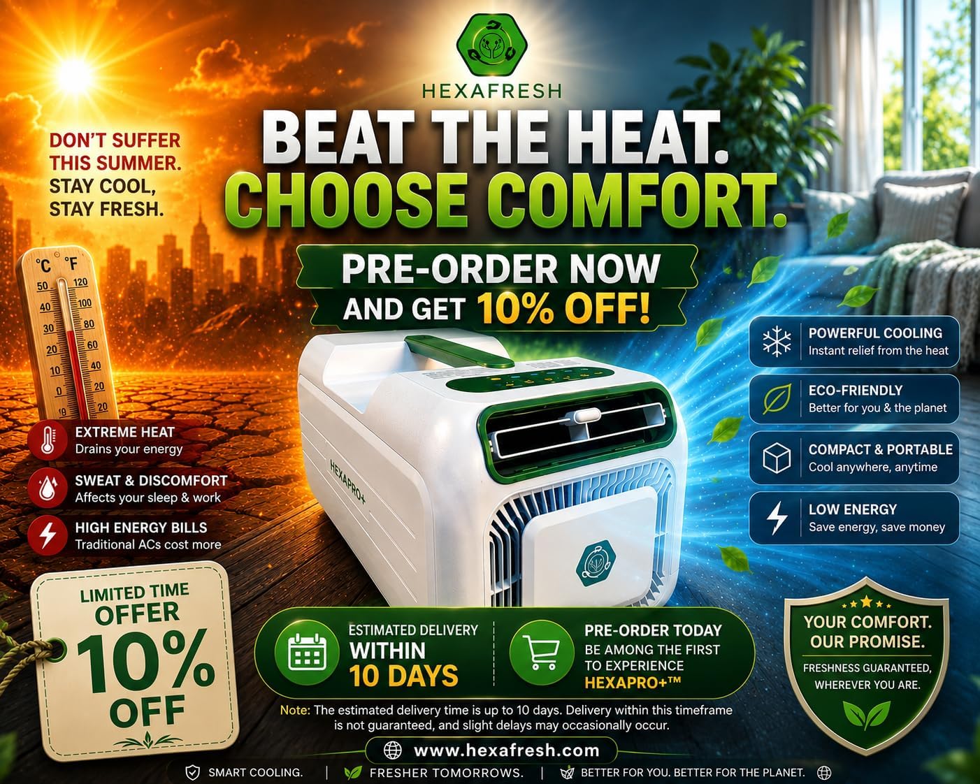 HEXAPRO+ Aire Acondicionado Portátil, 4800 BTU, Refrigerante R290, Refrigerante turbo, Deshumidificador y Modo Ventilador, para habitaciones de hasta 15 m², Eficiencia Energética