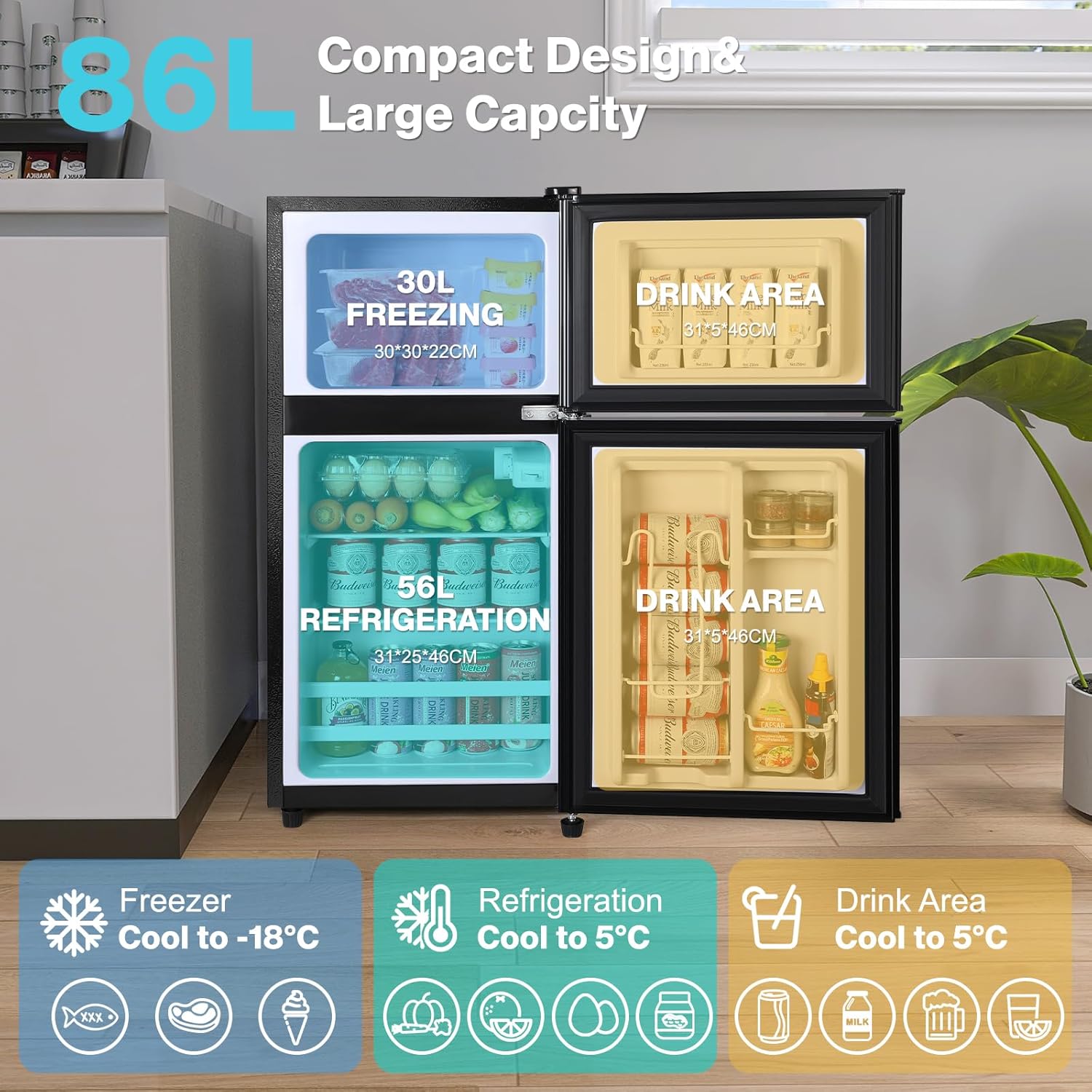 YASHE 86L Mini-Réfrigérateur avec Congélateur, frigo Double Porte avec Congélateur Supérieur, Figo Congelateur Combiné, Réfrigérateur Congélateur pour Chambre, Bureau, Cuisine et Dortoir, Noir