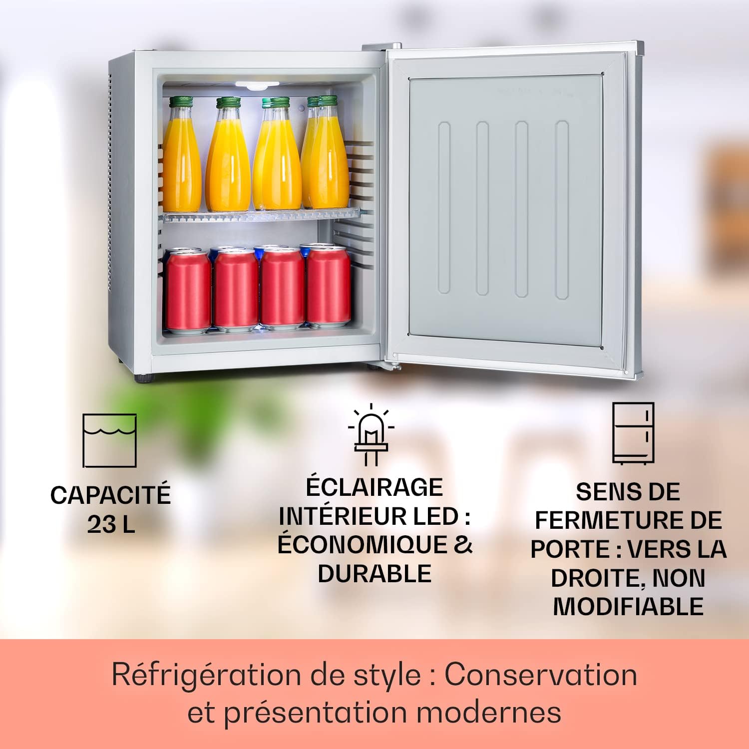 KLARSTEIN Petit Frigo de Chambre de 23L pour Snacks et Boissons, Frigo Top Silencieux, Mini Bar, Réfrigérateur Camping, Frigo Cosmetique, Refrigerateur avec Étagères Réglables, 5-15°C