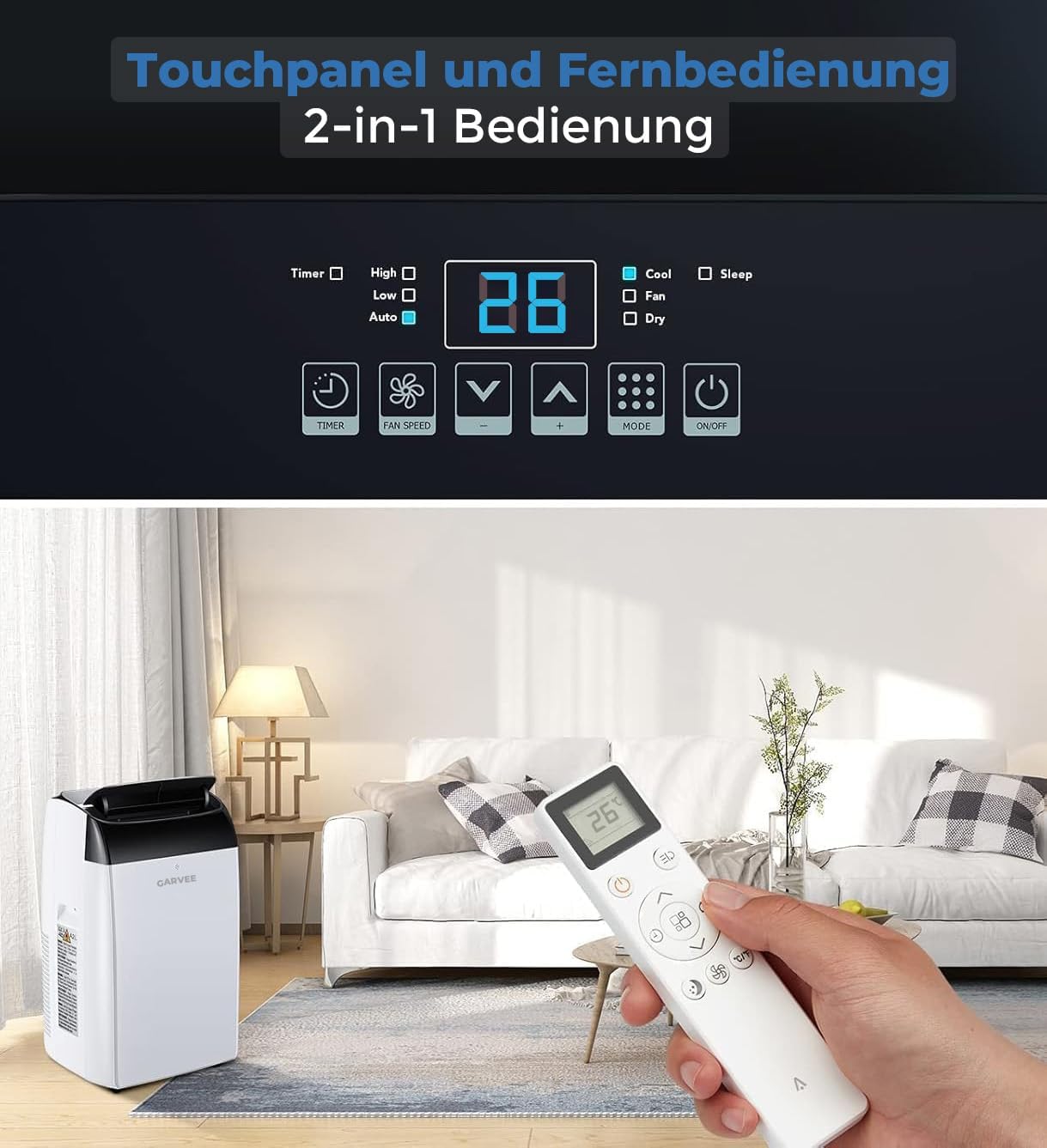 Garvee Mobile Klimaanlage 10000 BTU, 4-in-1 Klimagerät mit Kühlen & Entfeuchten & Ventilieren, Leiser Betrieb