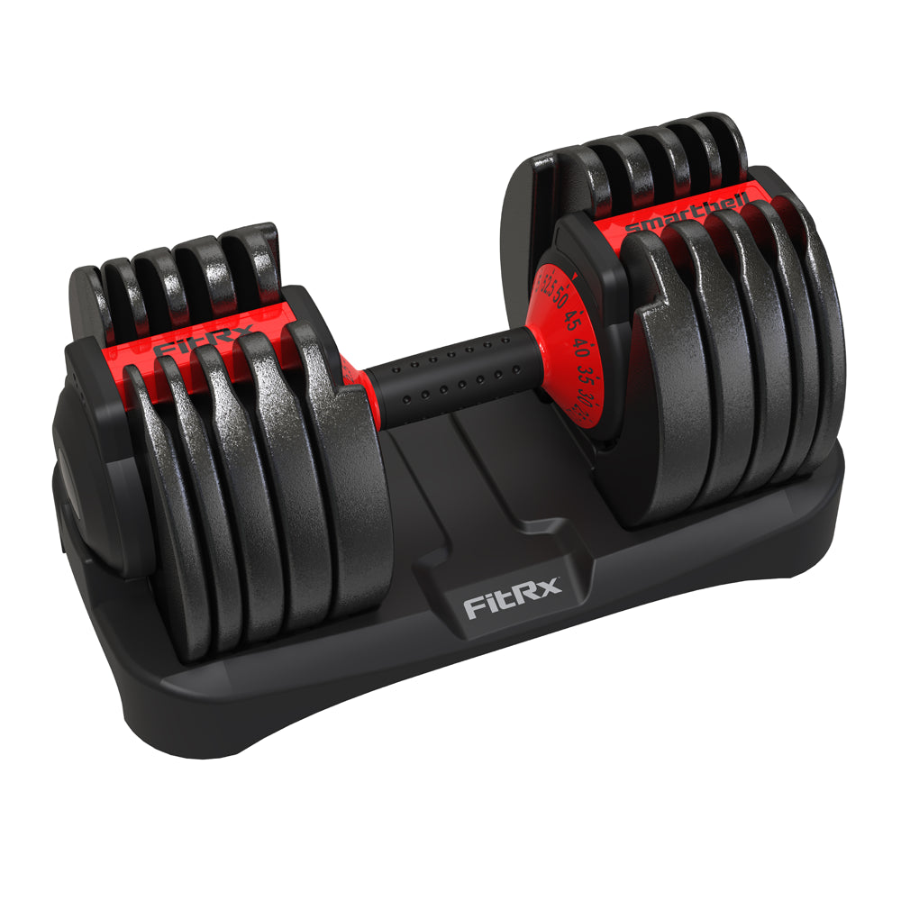 FitRx Smart Bell Adjustable Dumbbell 5-52.5 lbs, Quick-Select, Anti-Slip Handle, Home Gym Equipment