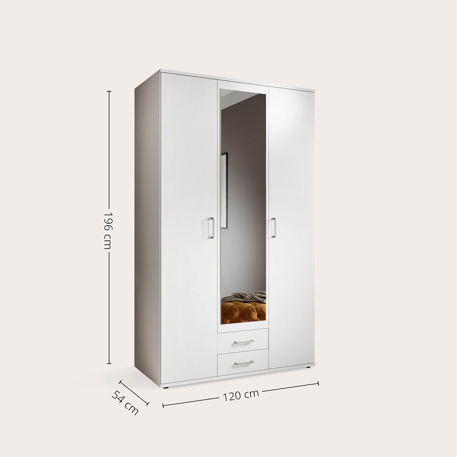 Stella Trading KARL Eleganter Kleiderschrank 3-türig mit viel Stauraum - Vielseitiger Drehtürenschrank in Weiß mit Spiegeltür - 120 x 195 x 55 cm (B/H/T)
