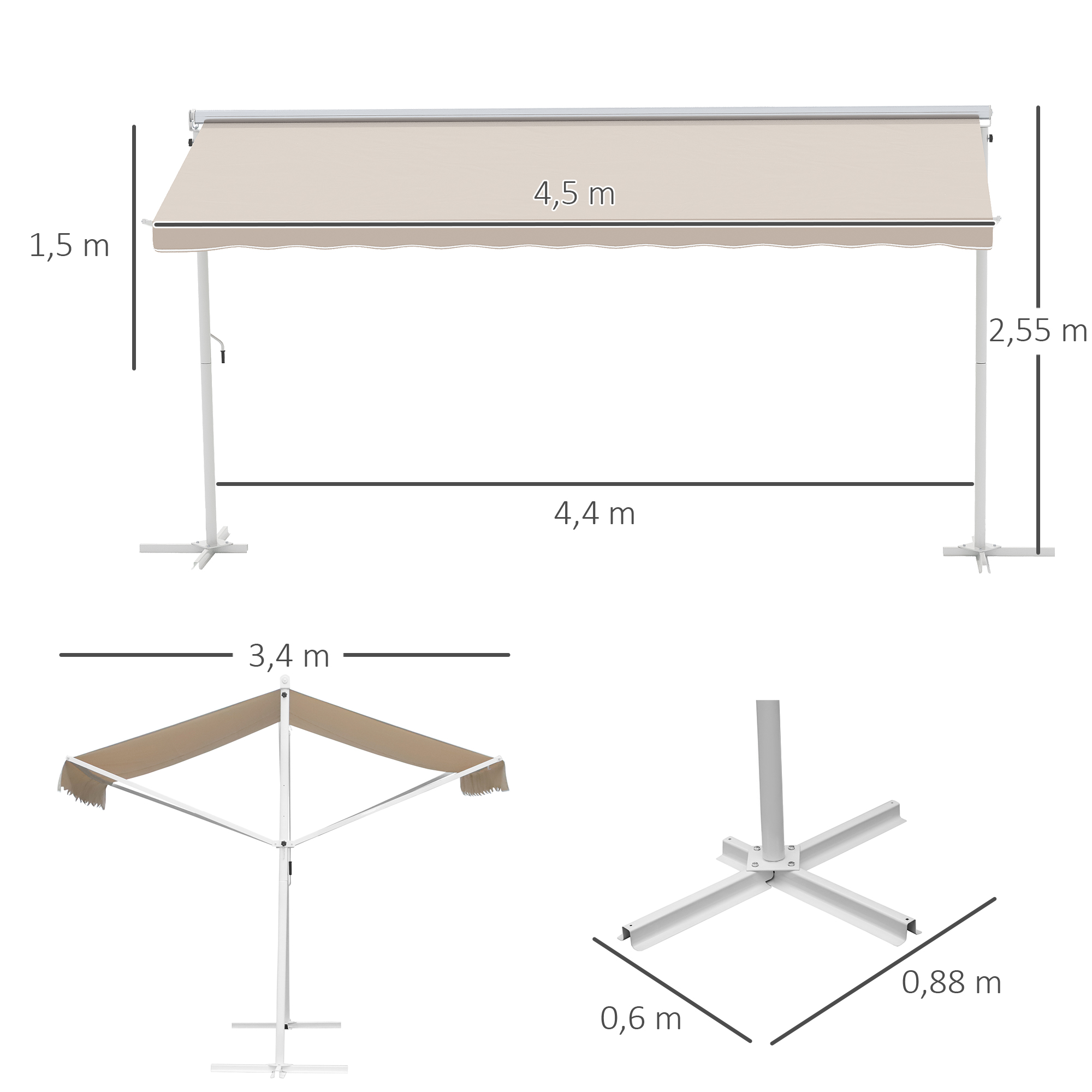 Outsunny Staande luifel met knikarm tuinluifel luifel zwengel crème 4,5 x 3,42 m