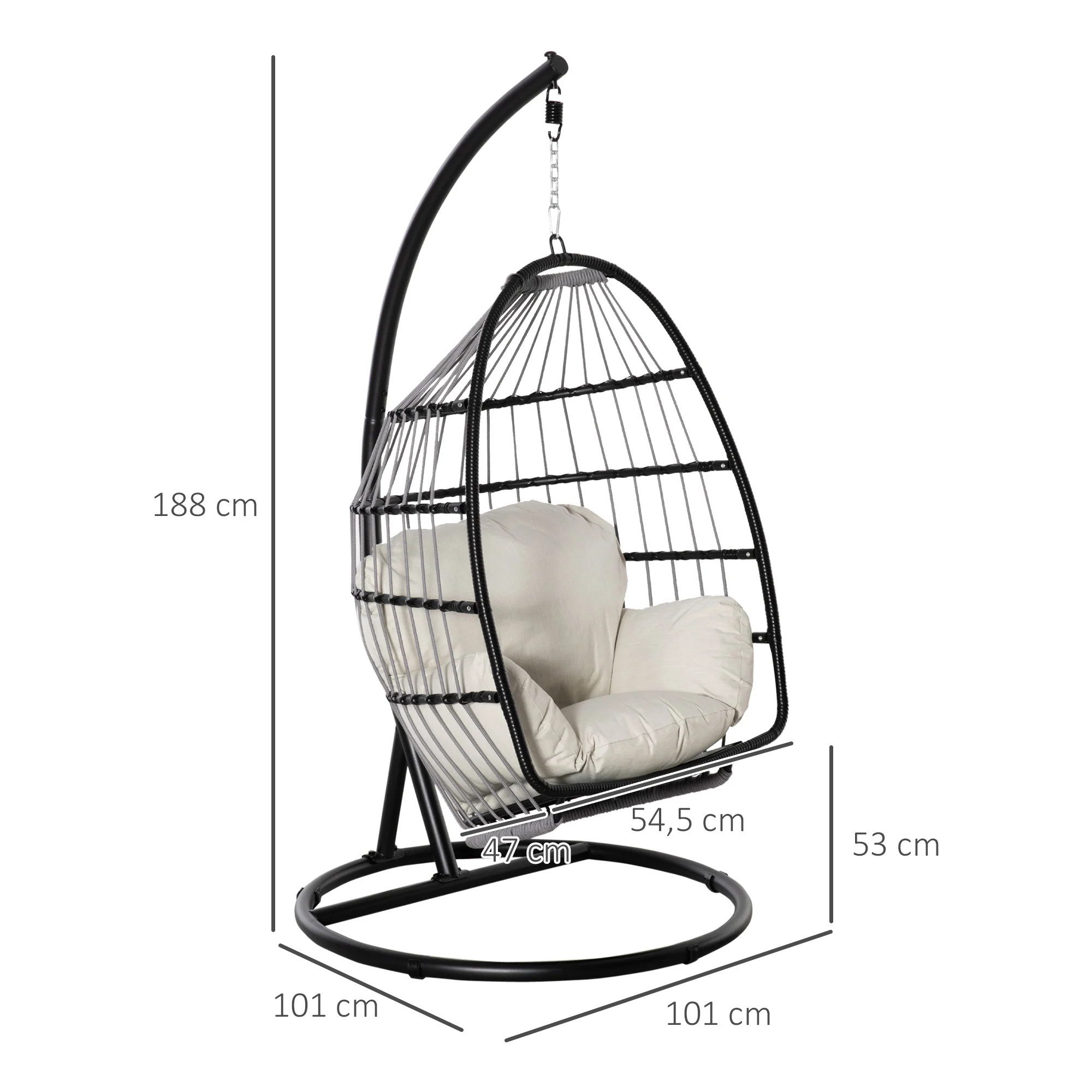 Outsunny hangstoel hangmand met frame hangende schommel hangstoel met kussenmand opvouwbaar metaal zwart + crème wit 101 x 101 x 188 cm