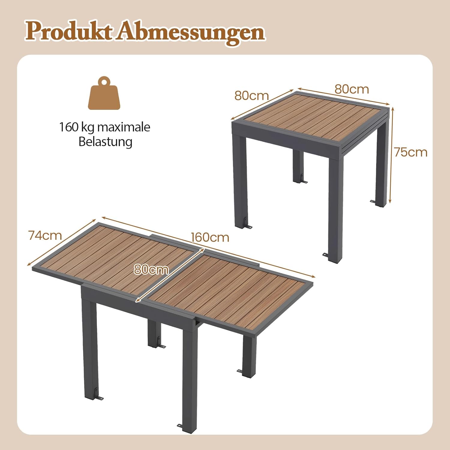 COSTWAY Gartentisch Aluminium ausziehbar, 80/160x80cm, wetterfester Esstisch mit Tischplatte in Holzoptik, rechteckiger Terrassentisch für 4-6 Personen, Ausziehtisch für Garten, Terrasse