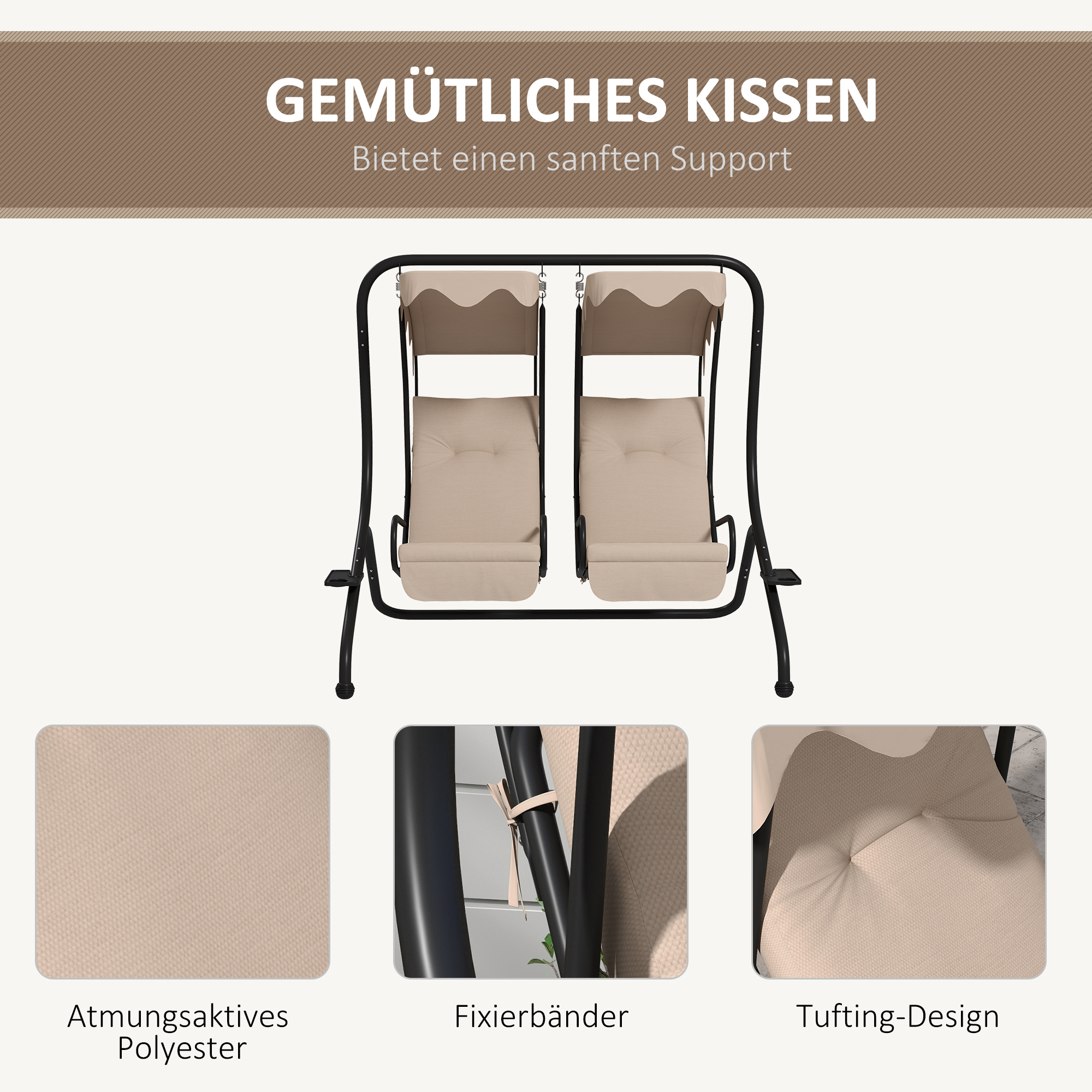 Tuinschommel Hollywoodschommel, weerbestendig, 2 gescheiden zitplaatsen, 2 bekerhouders, 170 cm x 136 cm x 170 cm, Beige