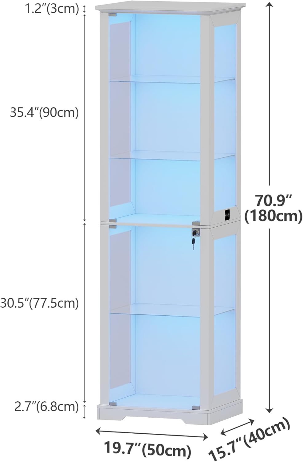 Lvifur Glasvitrine mit LED Beleuchtung und Glastüren für Wohnzimmer Schlafzimmer,40×50×180cm 5-Lagen Vitrinenschrank Vitrine mit Intelligente Sensorik für Sammlerstücke,Wein,Weiß