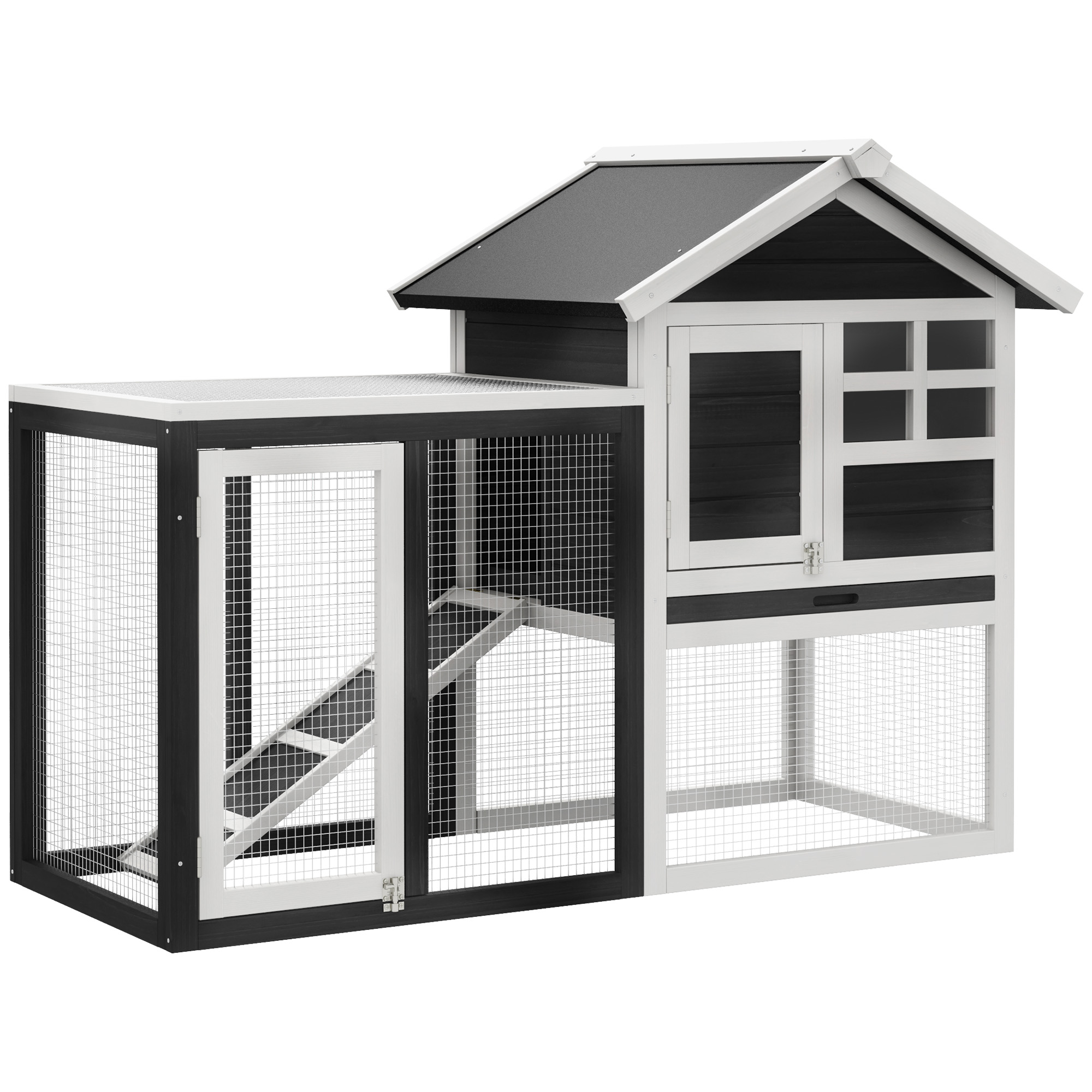PawHut konijnenhok grijs+zwart+wit 122 x 62,6 x 92 cm