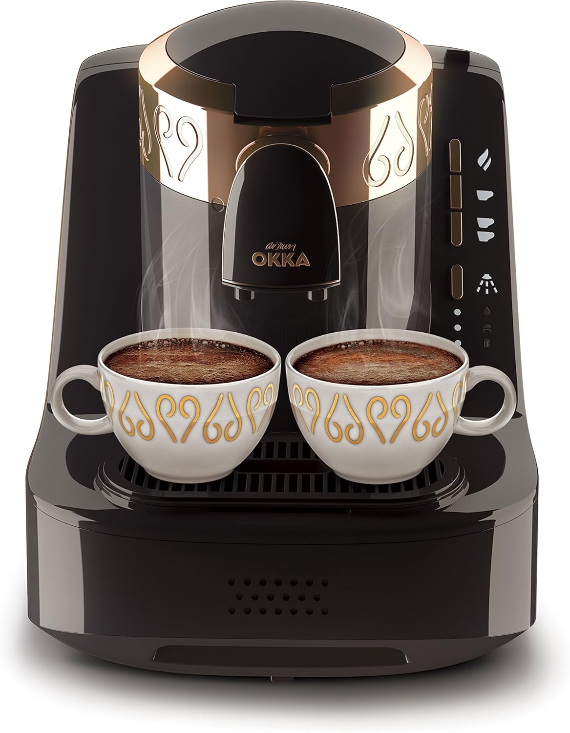 Arzum Okka Türkischer Kaffeemaschine, Vollautomatisch, 3 Tassen Größen, Selbstreinigungsfunktion, 950 ml Wassertank, Überschutzsensor, Kompaktes Design, Schwarz-Gold