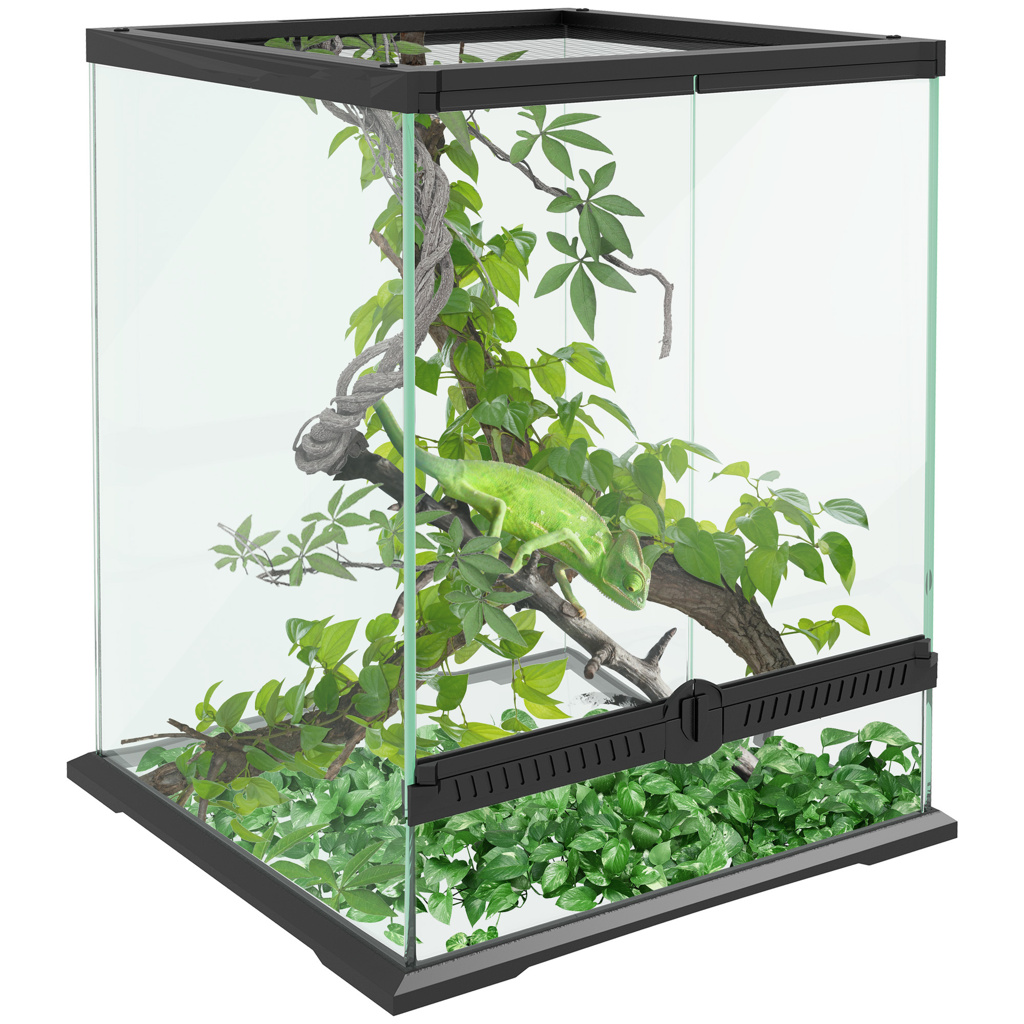 Afsluitbaar Terrarium, Glazen Behuizing, Kabelbeheer, 45x45x60cm, Zwart