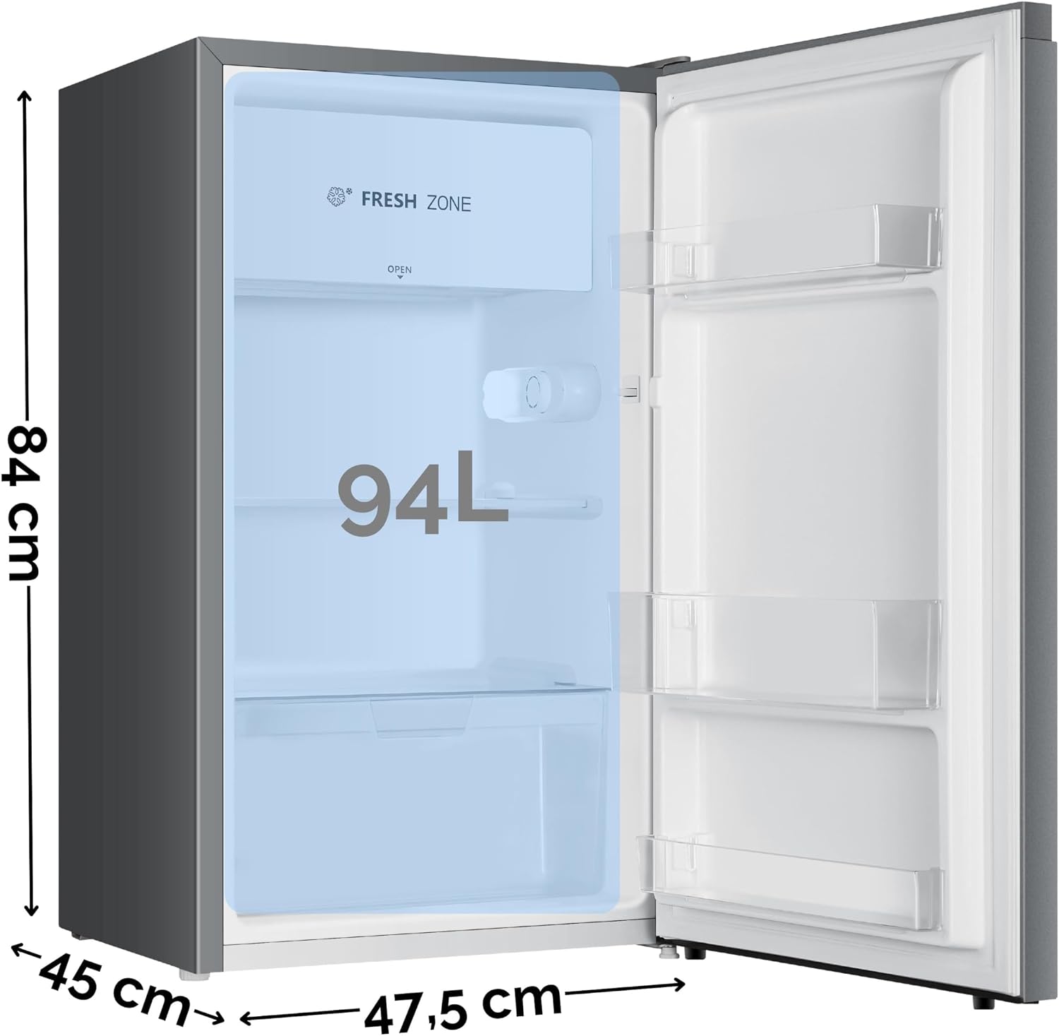 YUNA Kühlschrank SEREBRO E mit Fresh Zone/ 94L Nutzinhalt/Vollraumkühlschrank/ 84 cm hoch/ 86 kWh/Jahr/Türanschlag wechselbar/Leiser Betrieb 36 dB/Silbern
