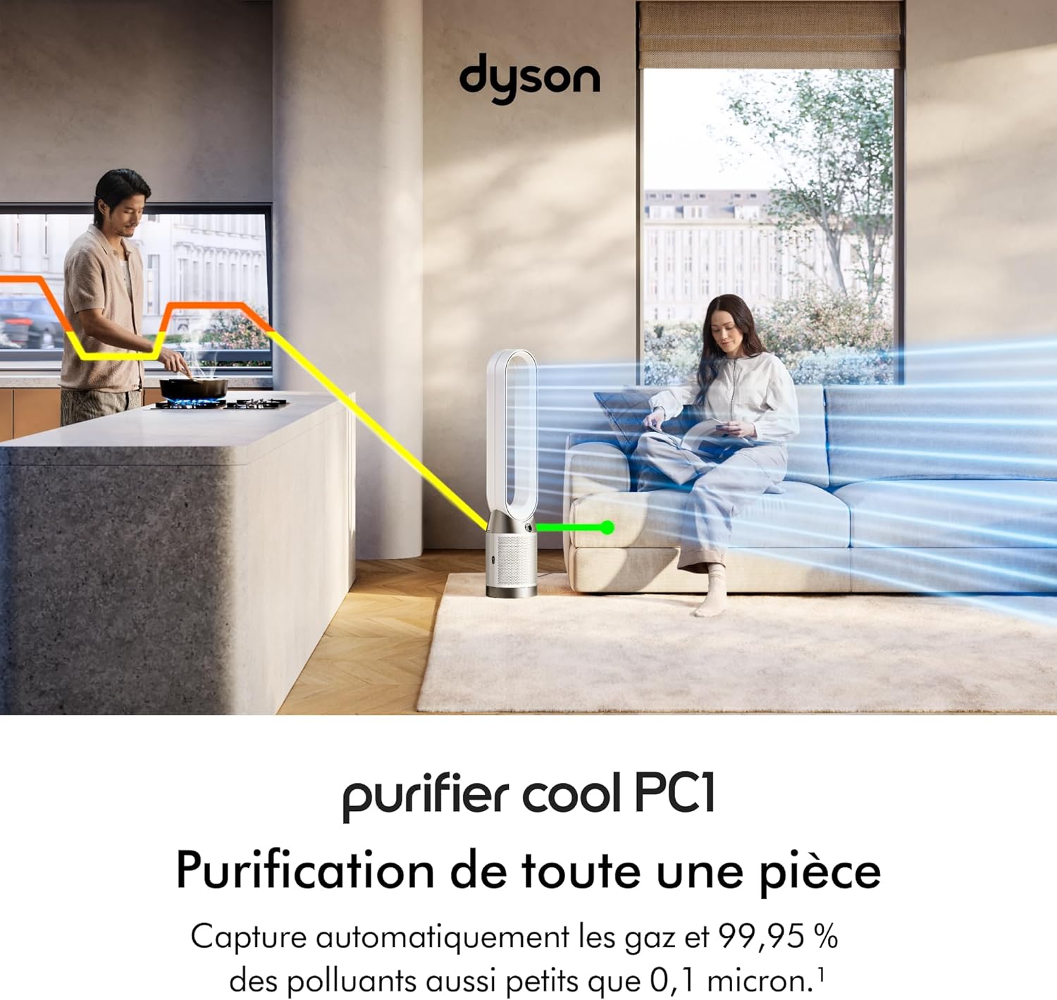 Dyson Purifier Cool PC1 ventilateur, purificateur d’air avec flux d’air rafraîchissant puissant (Blanc/Argent)