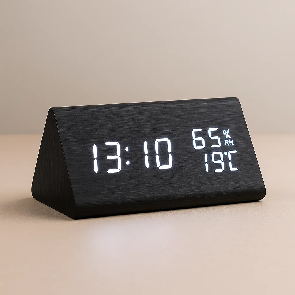 Moderner digitaler LED-Wecker aus Holz mit Temperaturanzeige