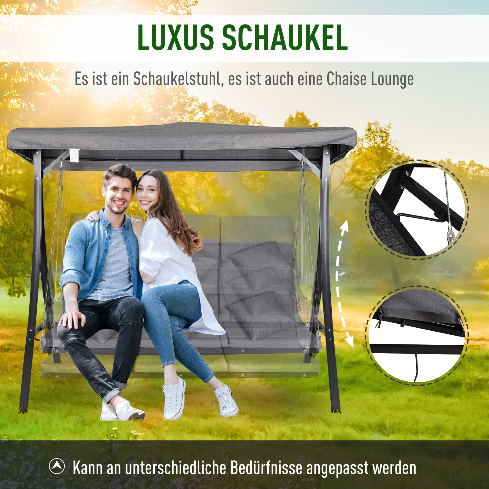 Hollywoodschommel 3-zitter tuinschommel verstelbaar dak Textileen grijs