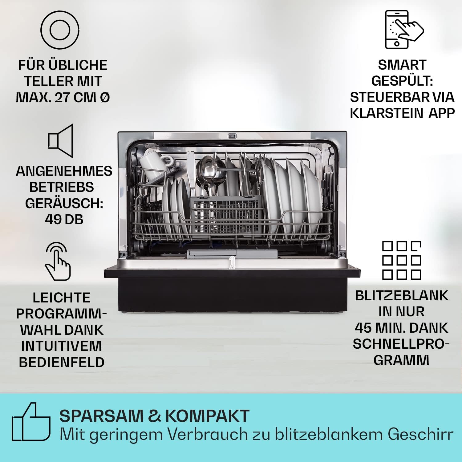 Klarstein  ia 8 - Spülmaschine, Geschirrspüler, Freistehend, Teilintegriert, F, 55 cm breit, 8 Maßgedecke, 6 Programme, Aquastop, silber