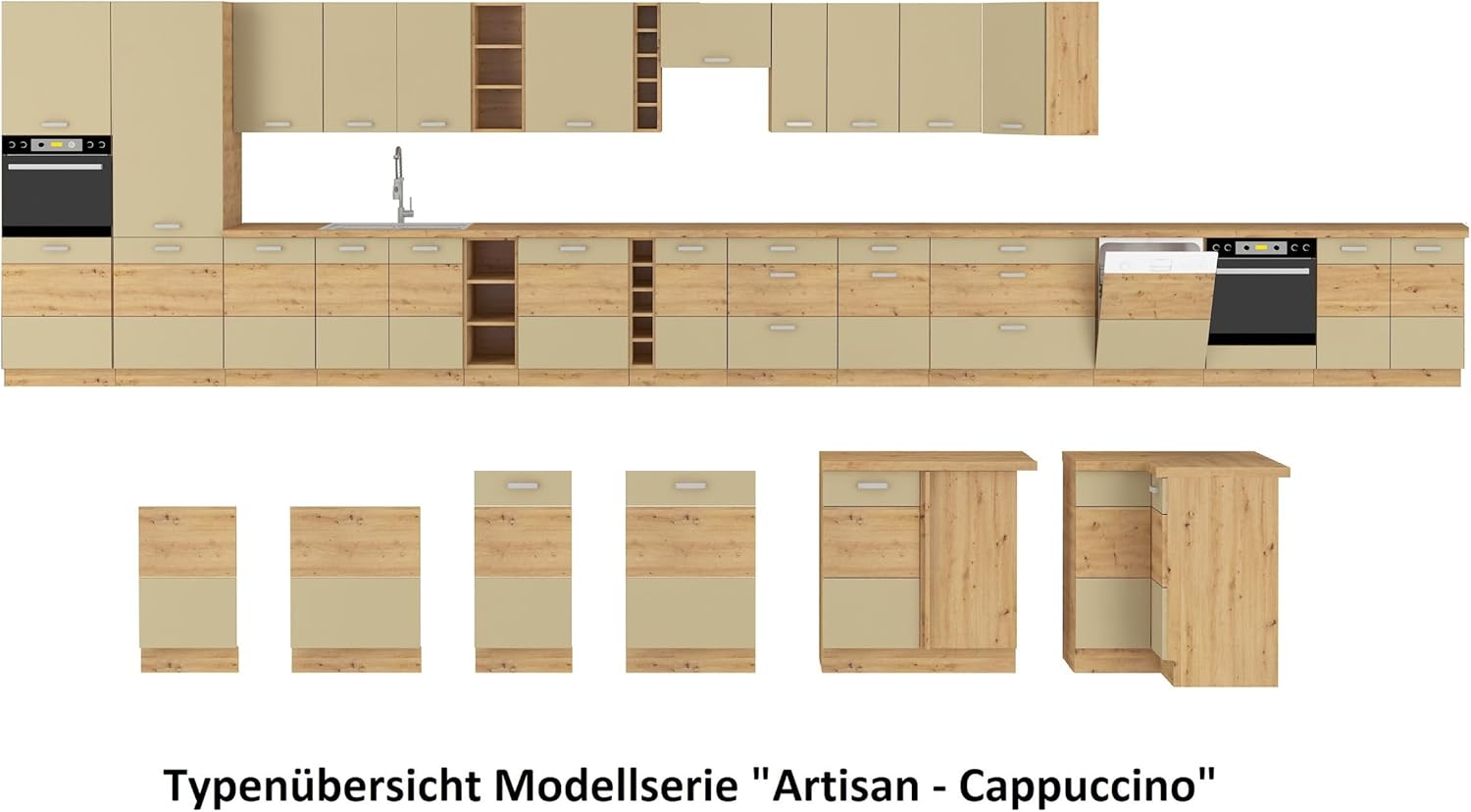 Kuechen-preisbombe Küche Artisan Cappuccino 250 cm Küchenzeile Hochglanz Küchenblock Einbauküche