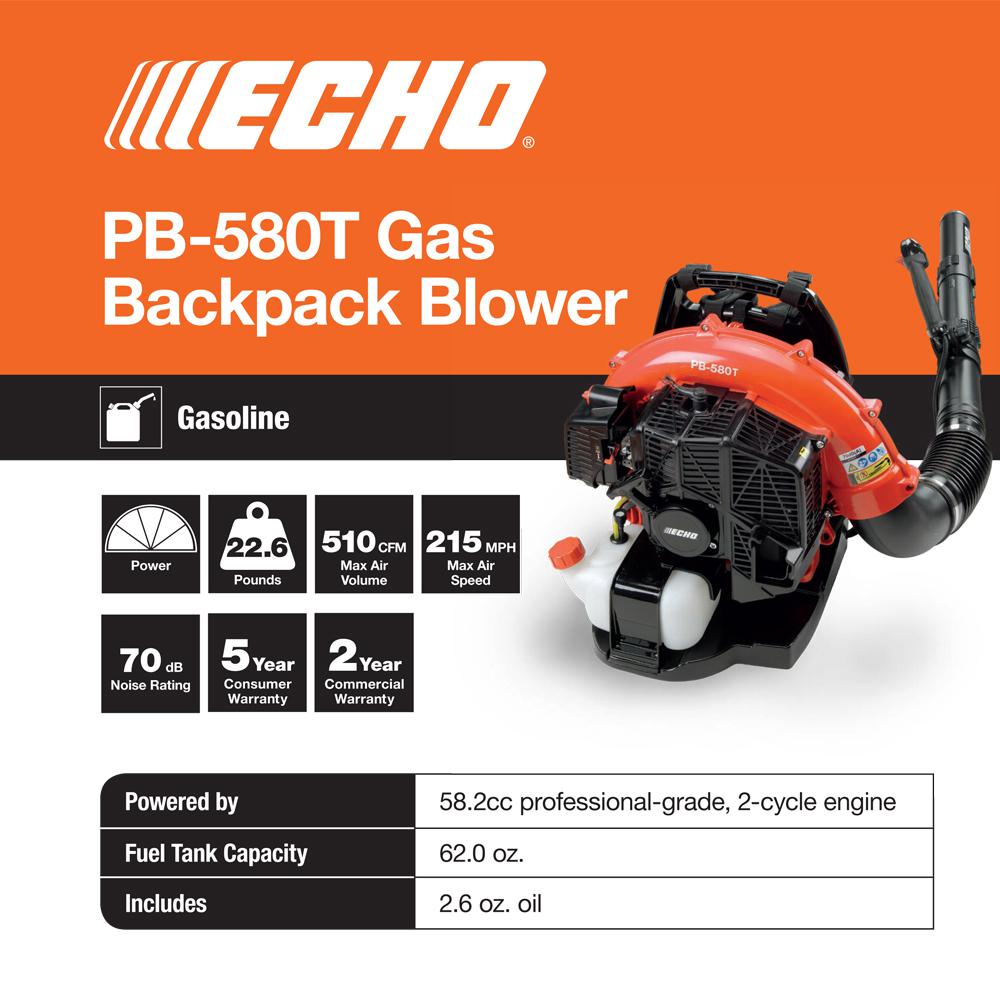 ECHO PB-580T 58.2cc Gas Backpack Leaf Blower, 216 MPH, 517 CFM, 2-Stroke Engine, Tube Throttle