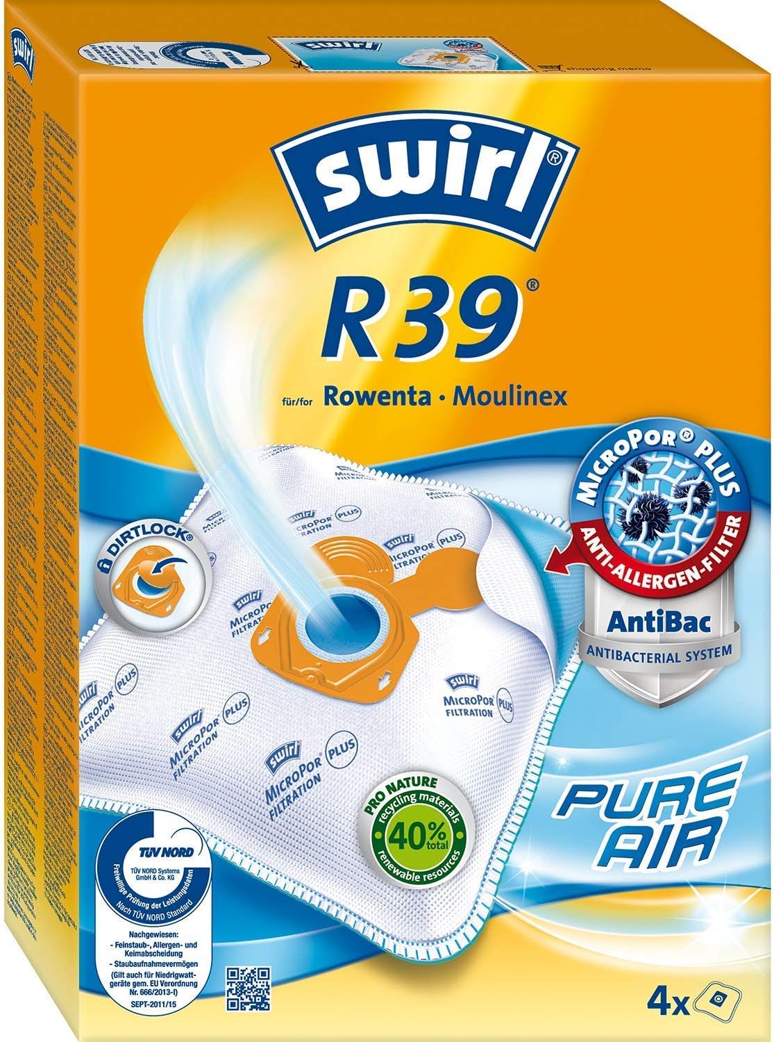 Rowenta RO3950 Staubsauger mit Beutel + 4er Pack Swirl R 39 Staubsaugerbeutel für Dauerhaft hohe Saugleistung, 3L Beutelvolumen, 750 W = 2000W, extrem leise, Hygienefilter, mit Parkettdüse