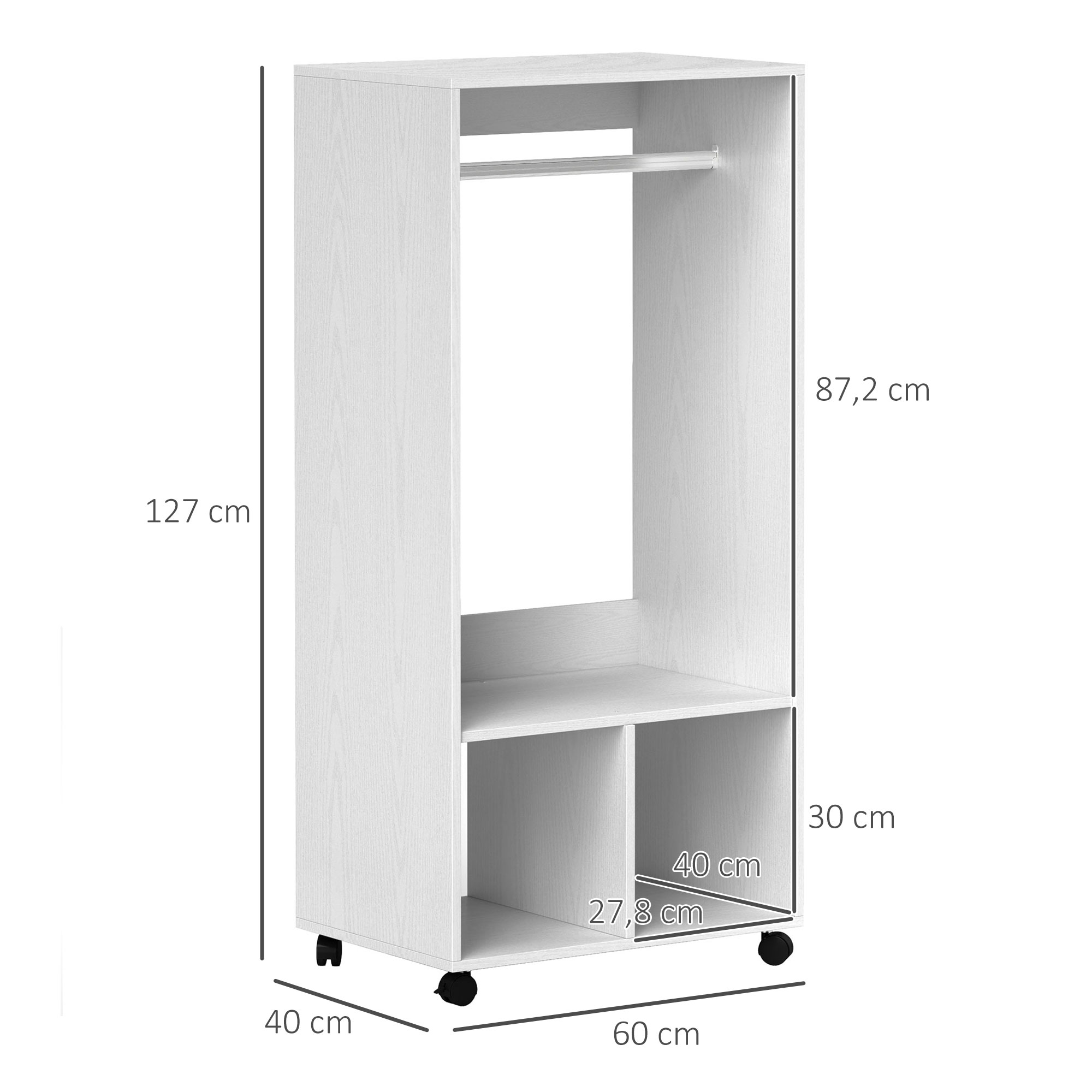 Kledingkast op Wielen,60 cm x 40 cm x 127 cm, 1 Kledingroede, 2 Planken, Wit